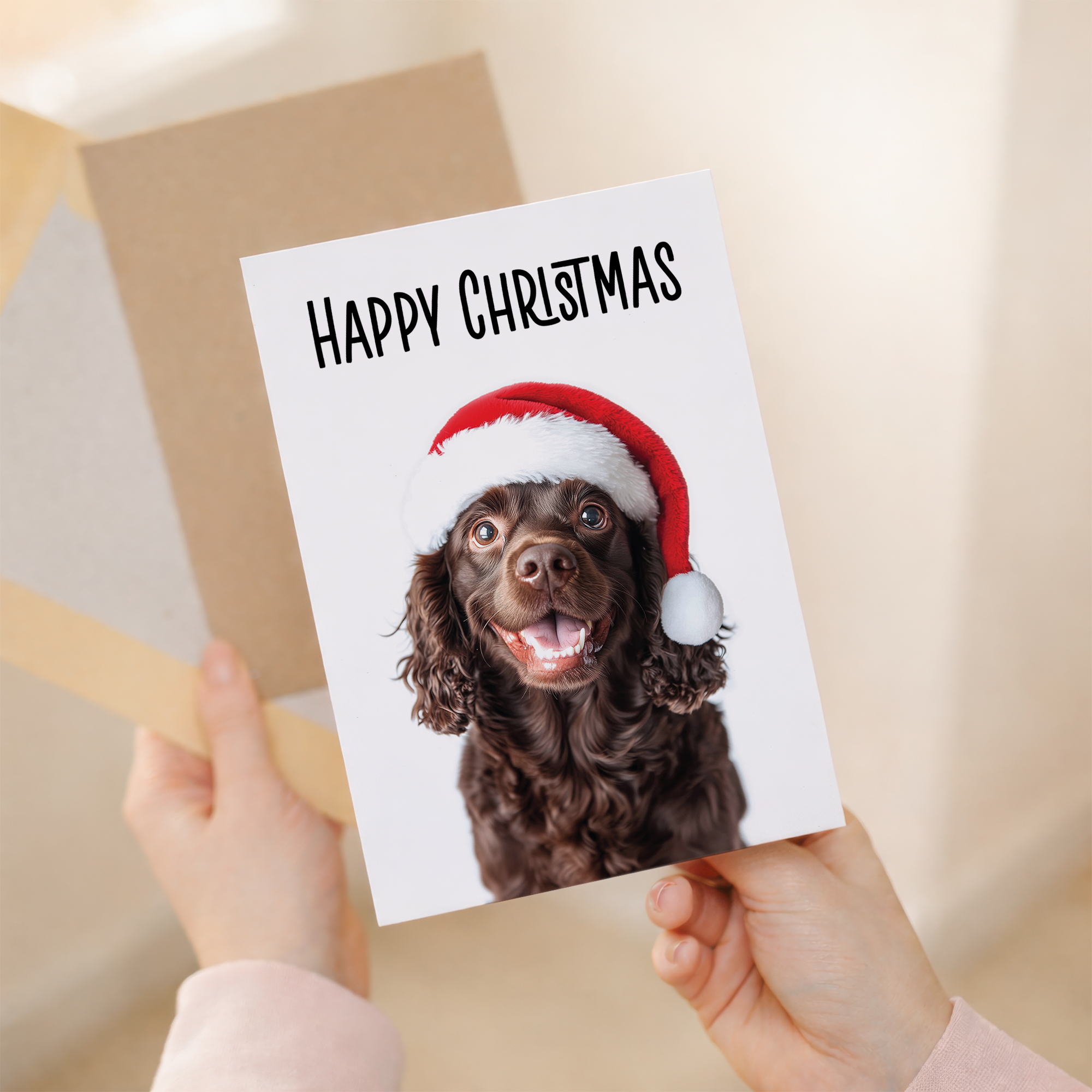 Whimsical Christmas greeting card featuring a charming illustration of a chocolate brown Cocker Spaniel dog wearing a red and white Santa Claus hat.