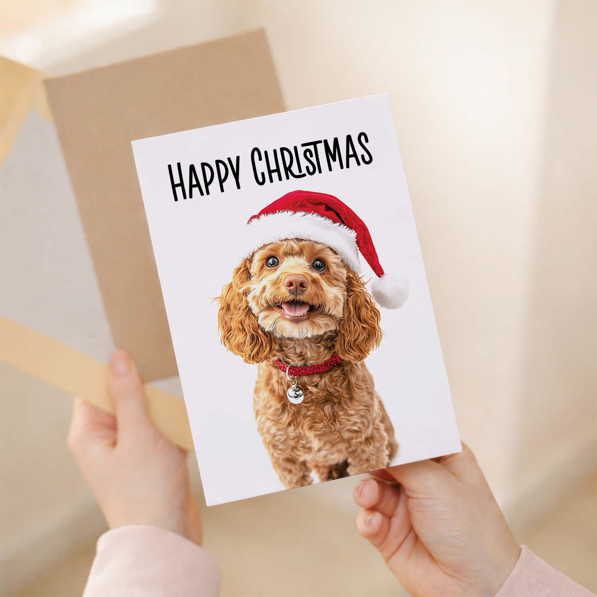 Whimsical Christmas Card of a Cavapoo Dog Wearing a Santa Hat, Eco-Friendly Material, For Him or Her