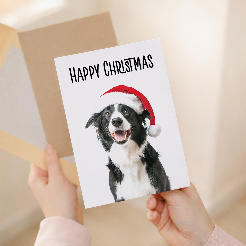 Whimsical Christmas Card featuring a Collie Dog Wearing a Santa Hat, Eco-Friendly Material, For Him or Her