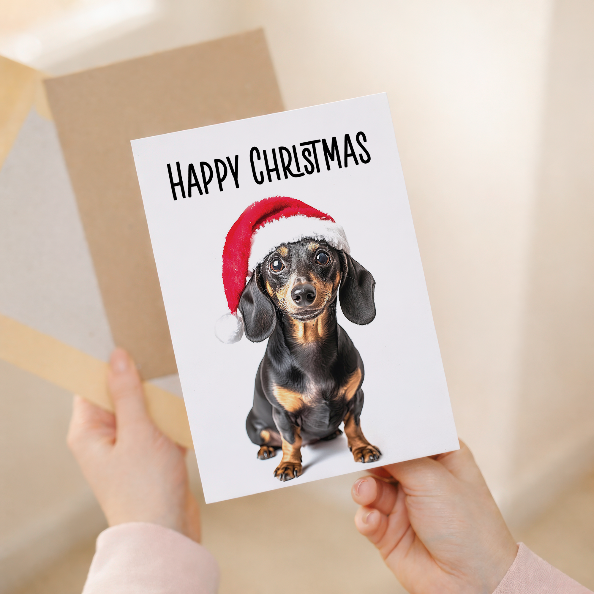 Whimsical Christmas Dachshund Dog Wearing a Santa Hat, Eco-Friendly Material, For Him or Her