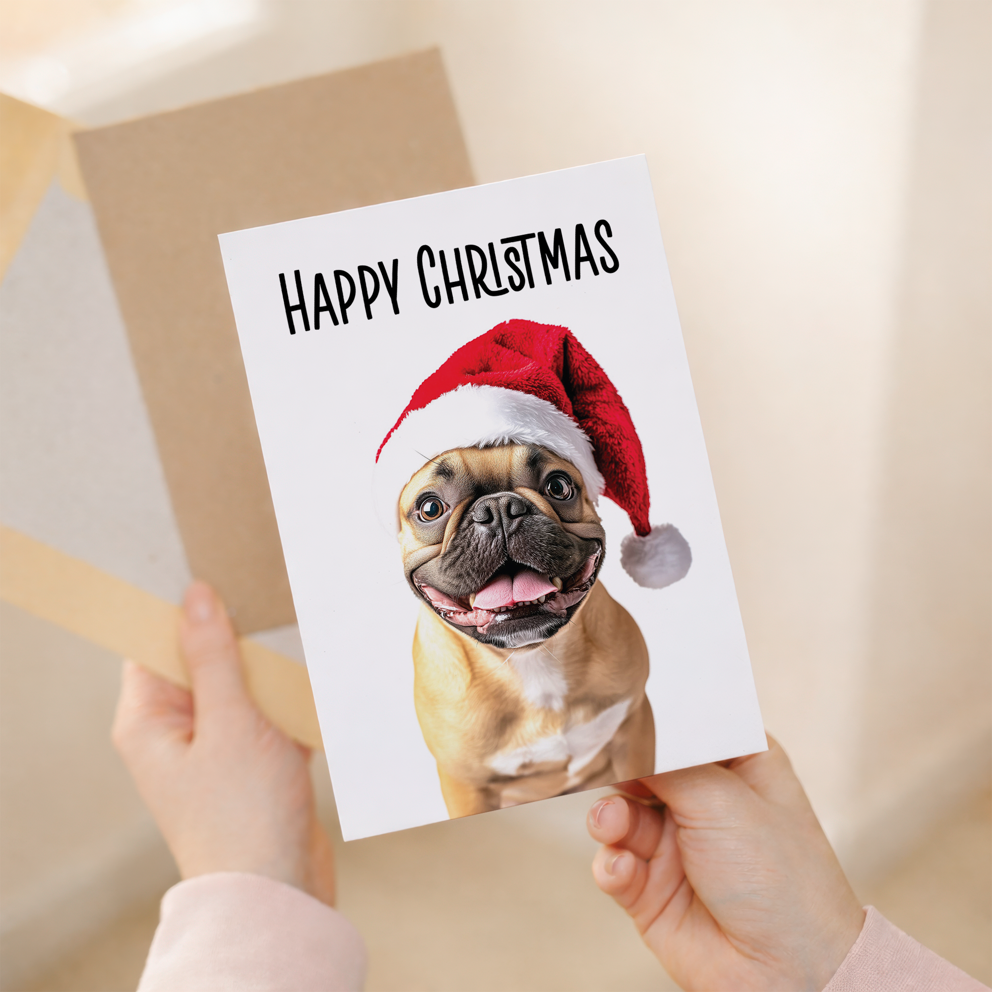 Whimsical French Bulldog Christmas Card wearing a Santa Hat, Eco-Friendly Material, For Him or Her