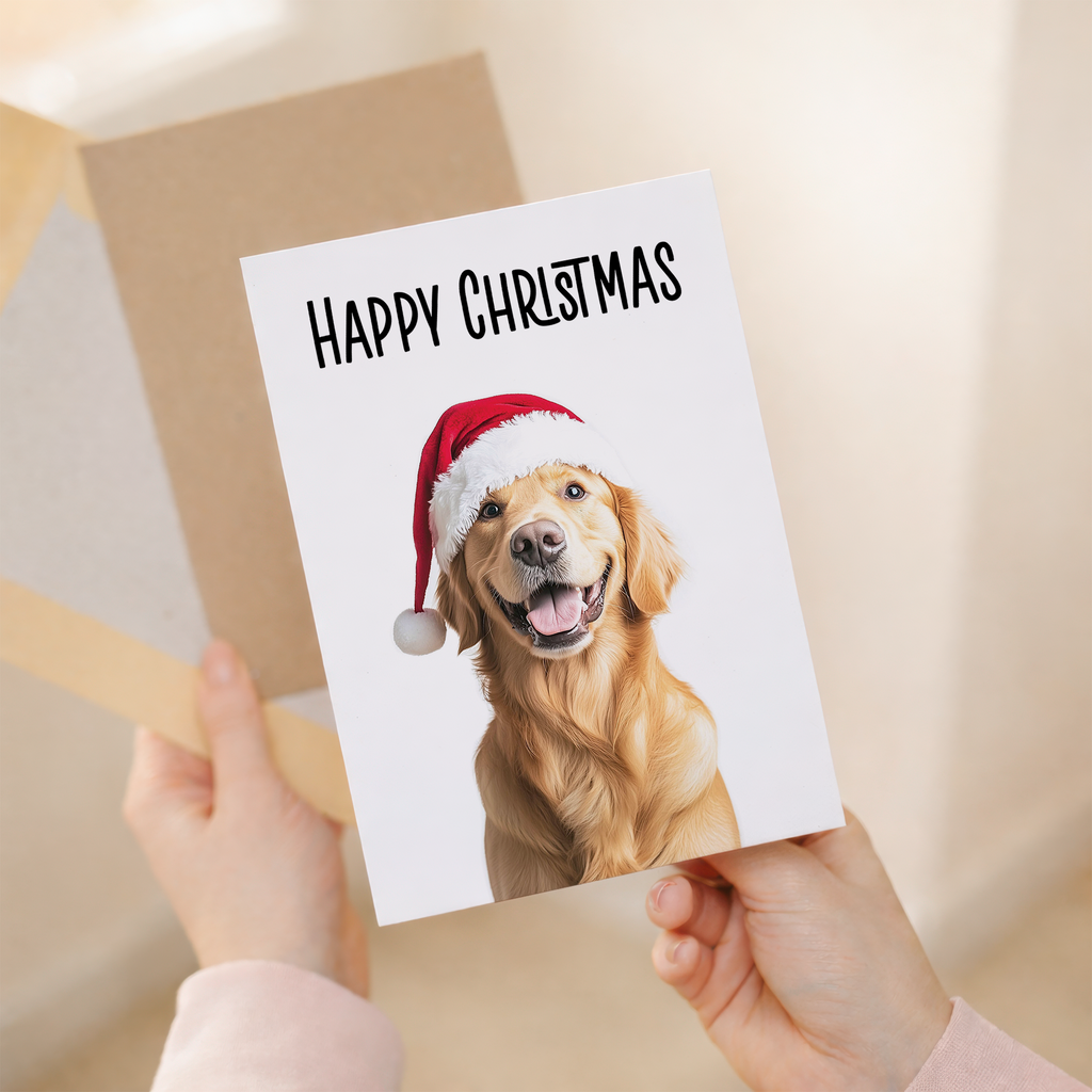 Whimsical Golden Retriever Dog Wearing a Santa Hat Christmas Card, Eco-Friendly Material, For Him or Her