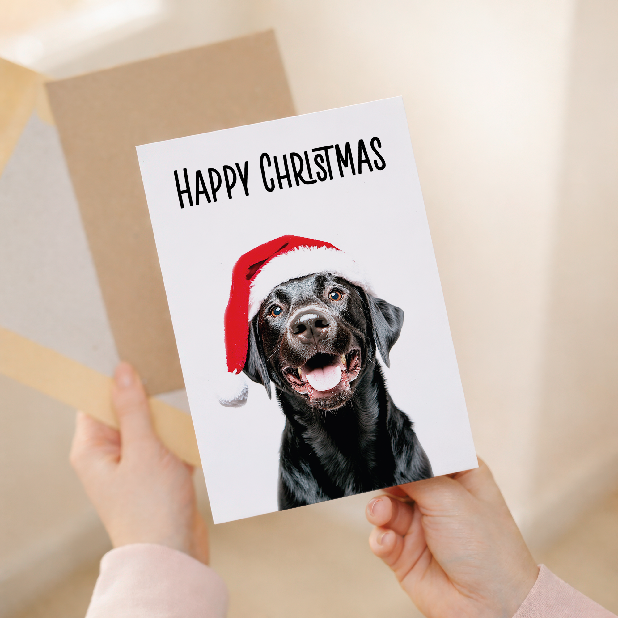 Whimsical Black Labrador Dog Wearing a Santa Hat Christmas Card, Eco-Friendly Material, For Him or Her