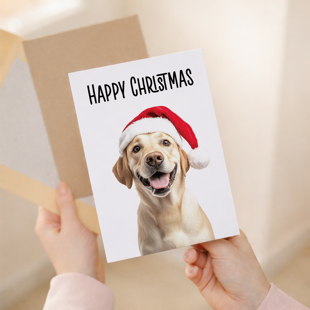 Adorable Golden Labrador Wearing a Santa Hat Christmas Card, Eco-Friendly Material, For Him or Her