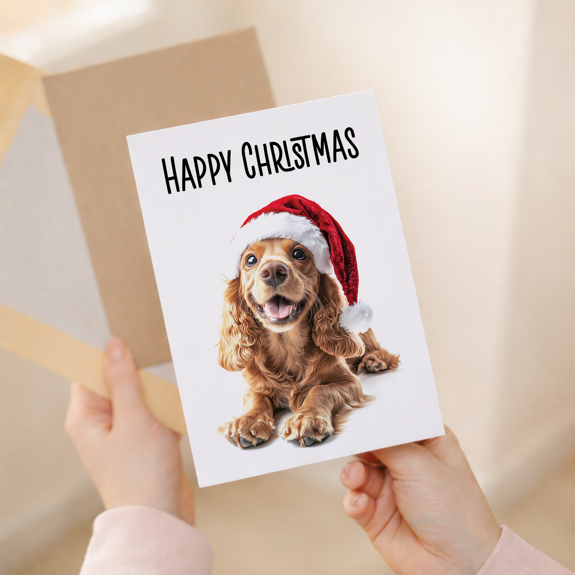 Whimsical Red Cocker Spaniel Dog Wearing a Santa Hat Christmas Card, Eco-Friendly Material, For Him or Her