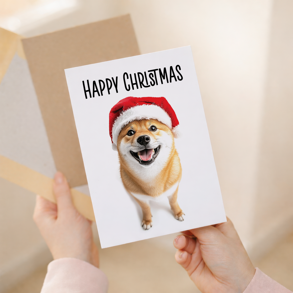 Whimsical Shiba Inu Dog Wearing A Santa Hat Christmas Card, Eco-Friendly Material, For Him or Her