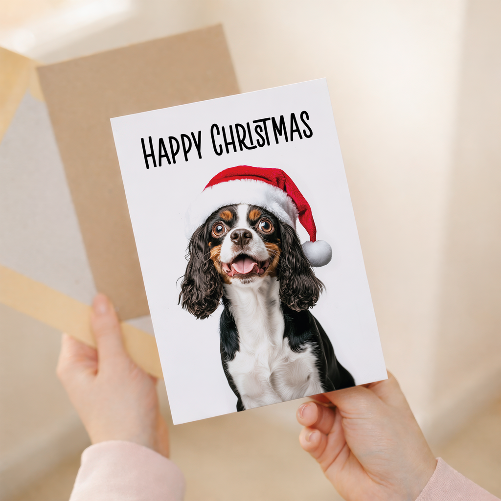 Whimsical Christmas Card featuring a Cavalier Spaniel wearing a Santa Hat, Eco-Friendly Material, For Him or Her