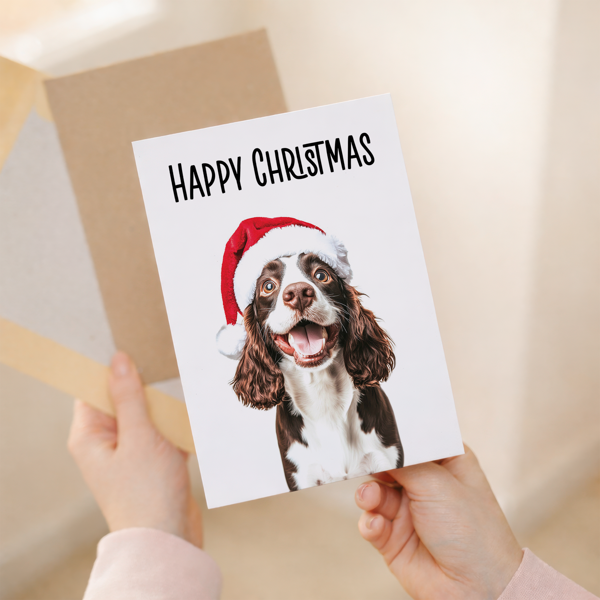 Fun Christmas Springer Spaniel Dog Card Wearing a Santa Hat, Eco-Friendly Material, For Him or Her