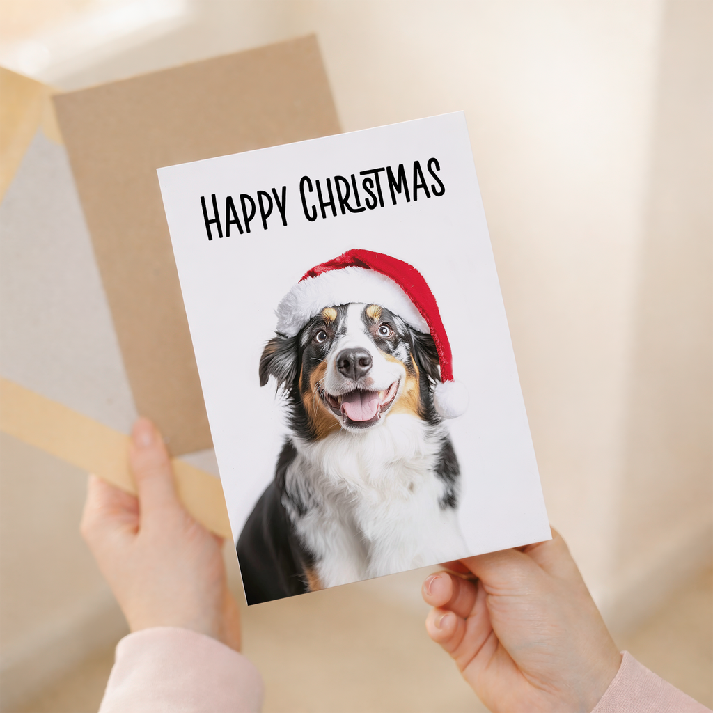 Whimsical Australian Shepherd Dog Wearing A Santa Hat Christmas Card, Eco-Friendly Material, For Him or Her
