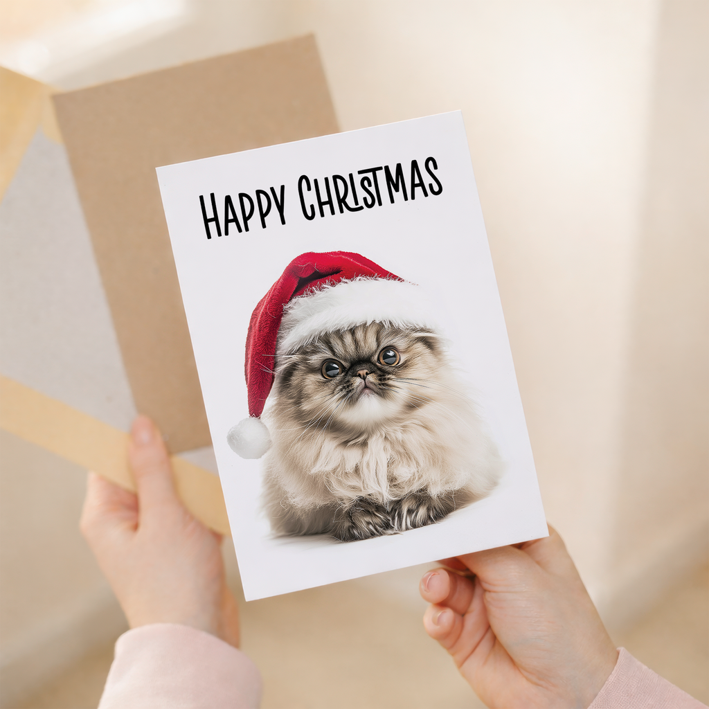 Whimsical Christmas Card of a Persian Cat Wearing a Santa Hat, Eco-Friendly Material, For Him or Her