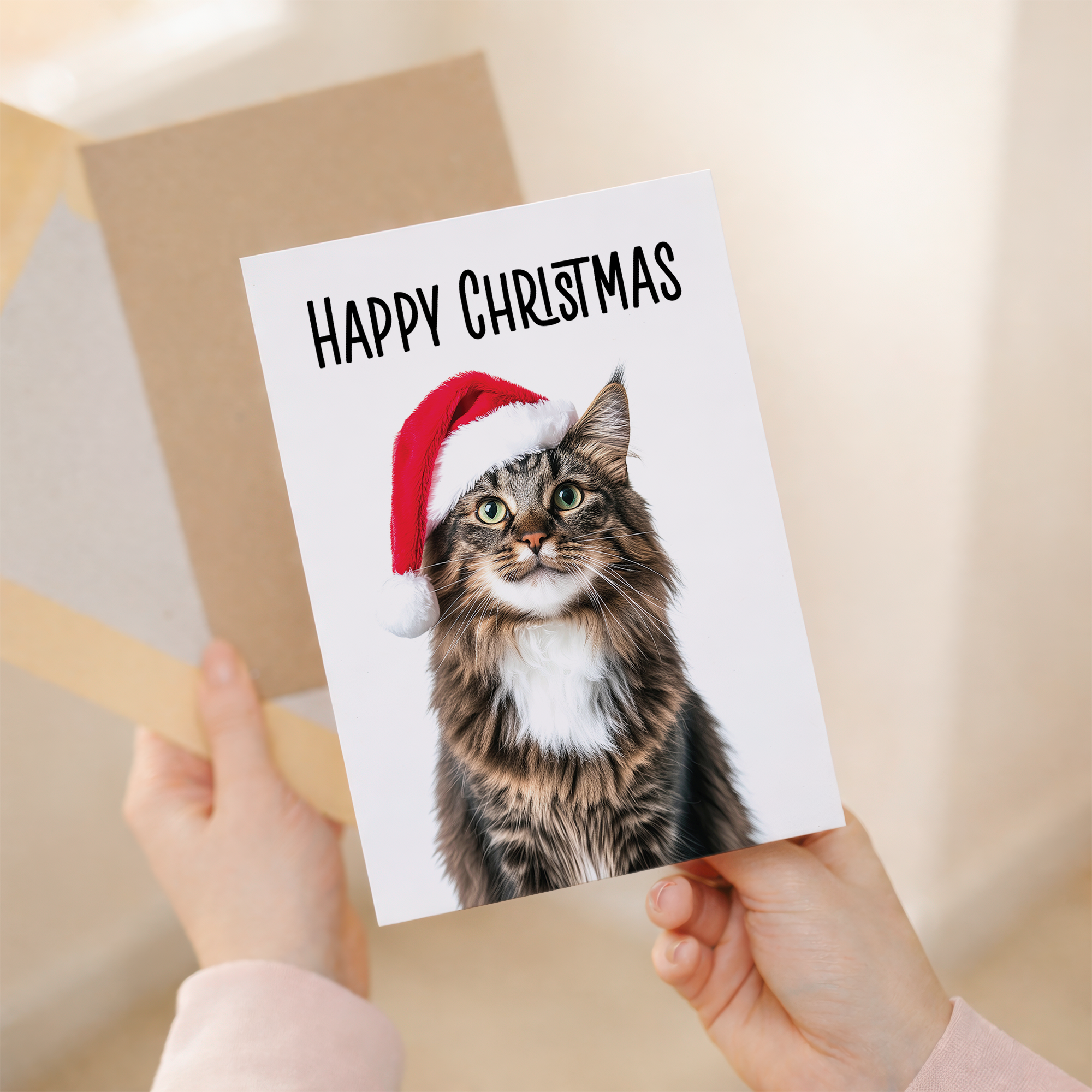 Whimsical Maine Coon Cat Wearing a Santa Hat Christmas Card, Eco-Friendly Material, For Him or Her