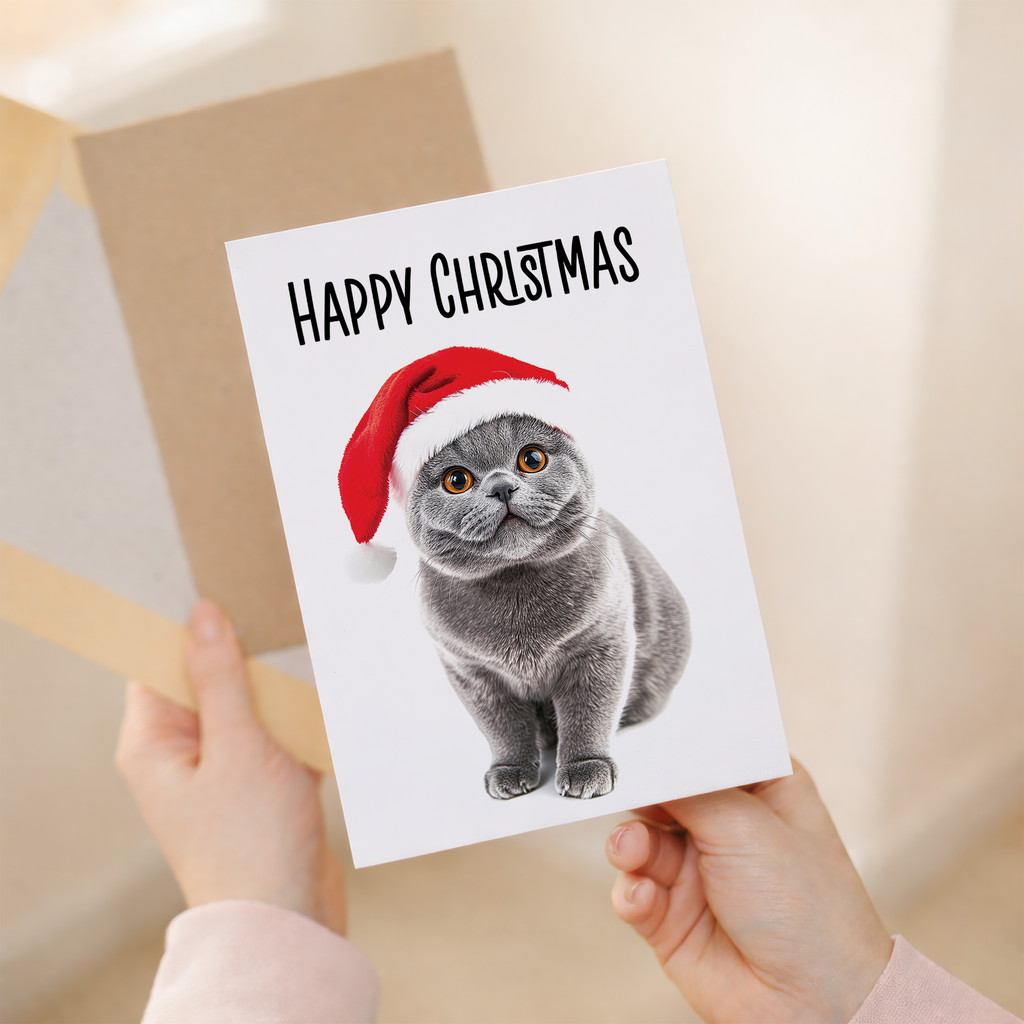 Whimsical British Shorthair Cat Wearing a Santa Hat Christmas Card, Eco-Friendly Material, For Him or Her