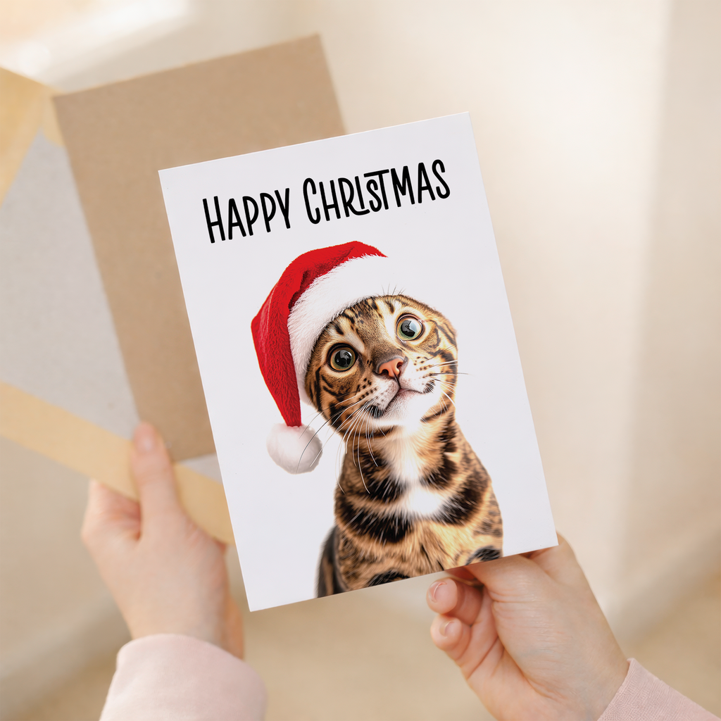 Whimsical Christmas Card of a Bengal Cat Wearing a Santa Hat, Eco-Friendly Material, For Him or Her