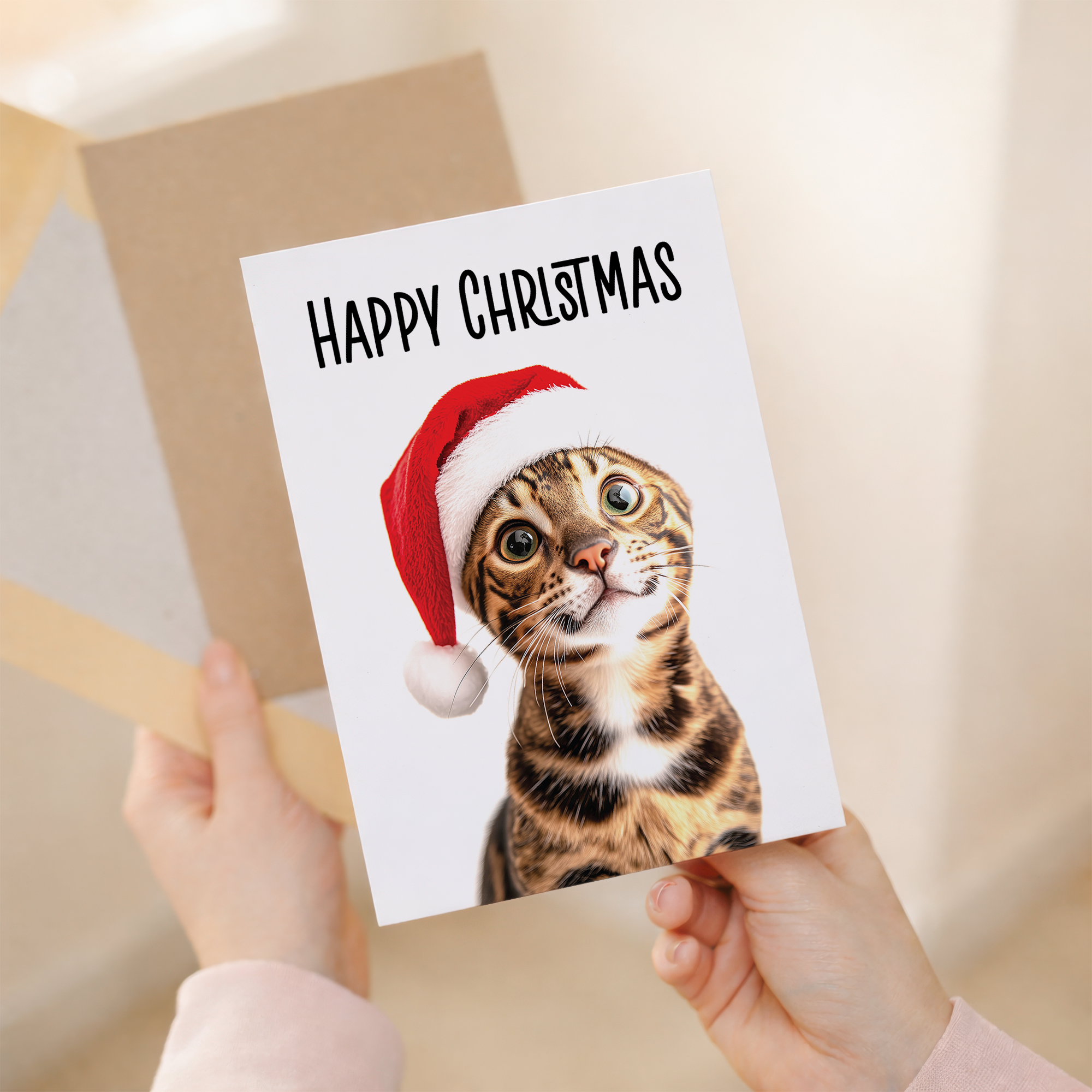 Whimsical Christmas Card of a Bengal Cat Wearing a Santa Hat, Eco-Friendly Material, For Him or Her