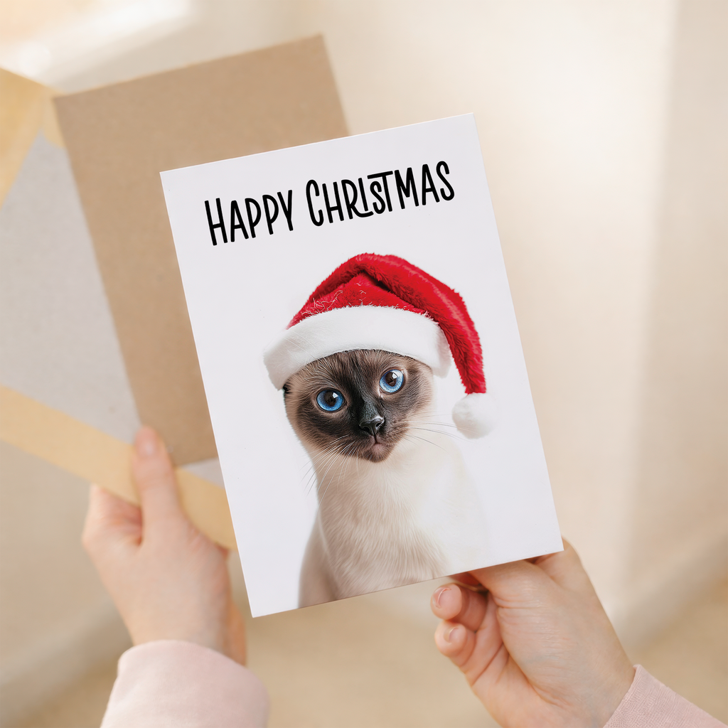 Whimsical Siamese Cat Christmas Card with Santa Hat, Eco-Friendly Material, For Him or Her
