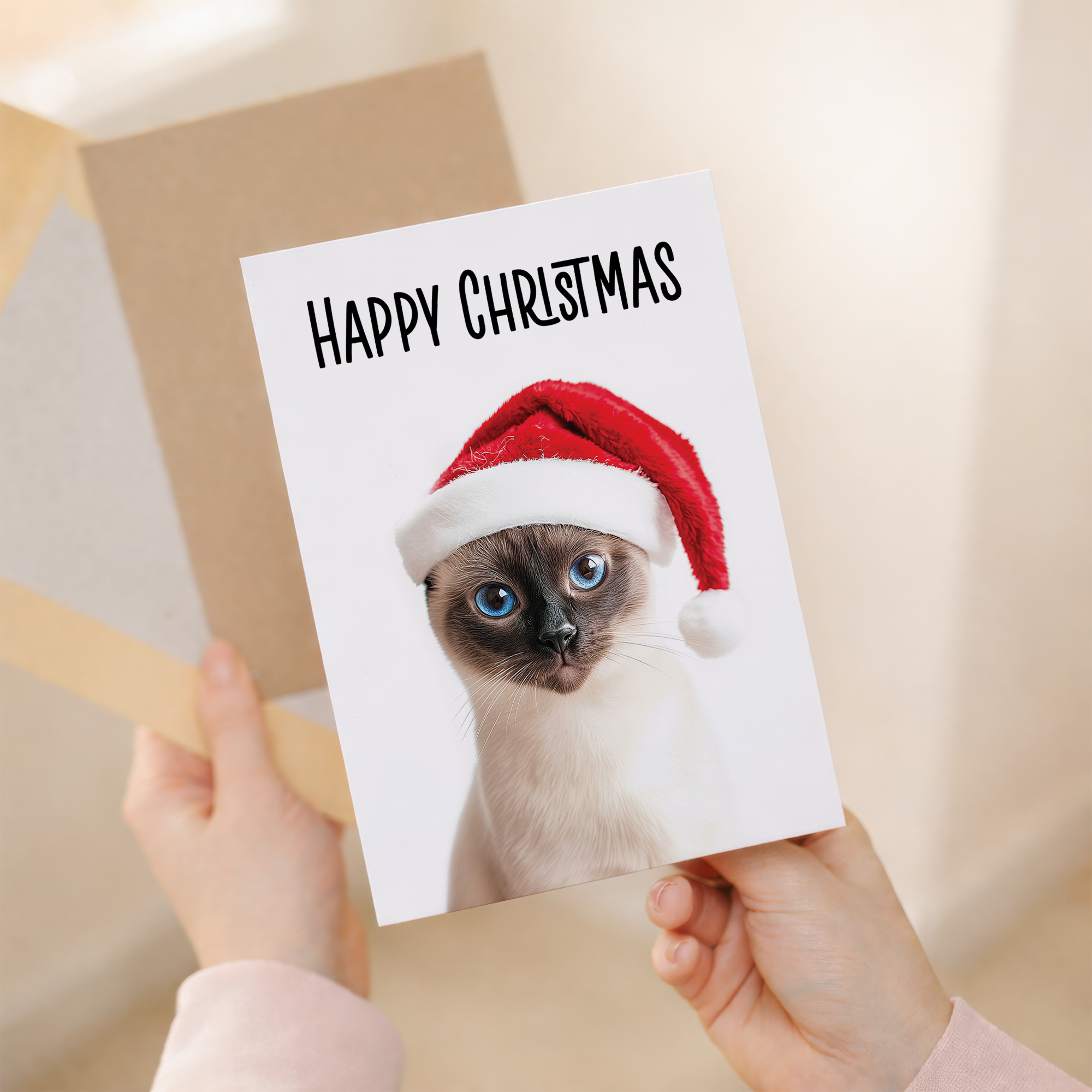 Whimsical Siamese Cat Christmas Card with Santa Hat, Eco-Friendly Material, For Him or Her