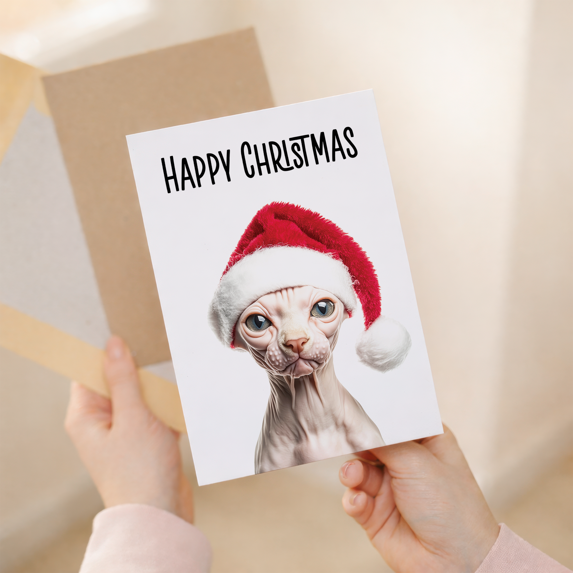 Whimsical Sphynx Cat Wearing a Santa Hat Christmas Card, Eco-Friendly Material, For Him or Her