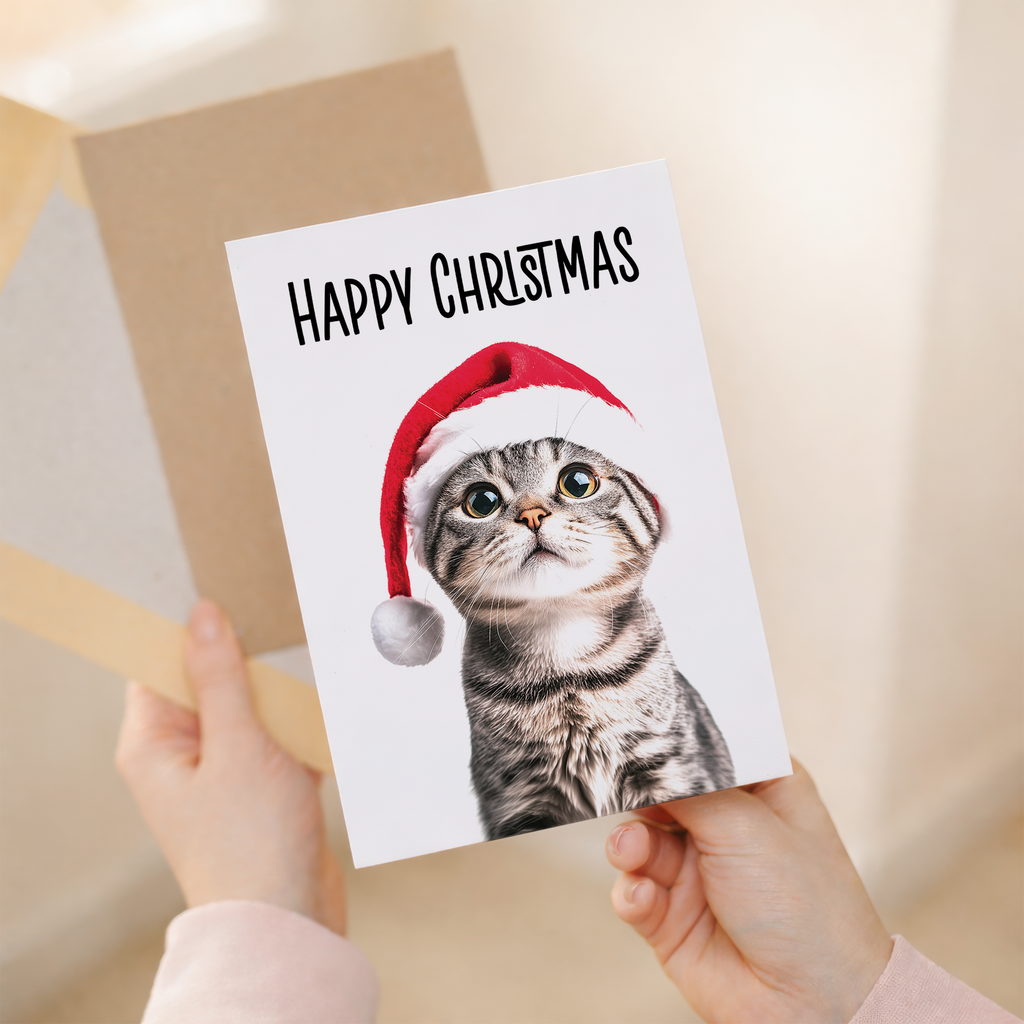 Whimsical Scottish Fold Cat Christmas Card with Santa Hat, Eco-Friendly Material, For Him or Her