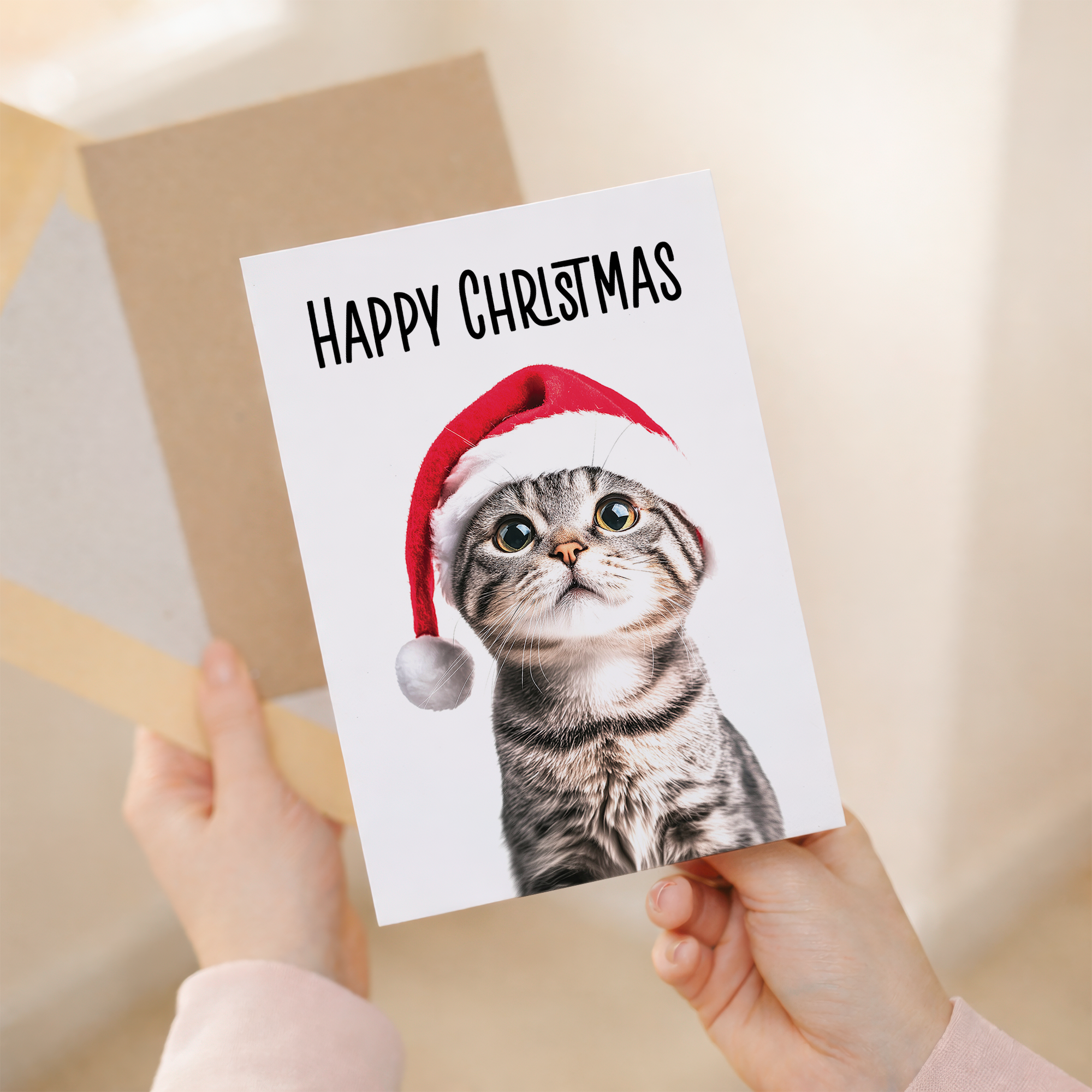 Whimsical Scottish Fold Cat Christmas Card with Santa Hat, Eco-Friendly Material, For Him or Her