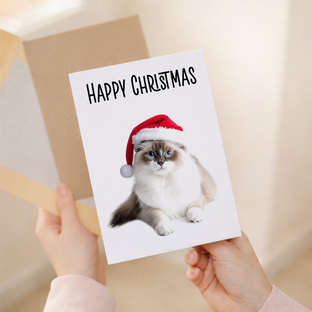 Adorable Ragdoll Cat Wearing a Santa Hat Christmas Card, Eco-Friendly Material, For Him or Her