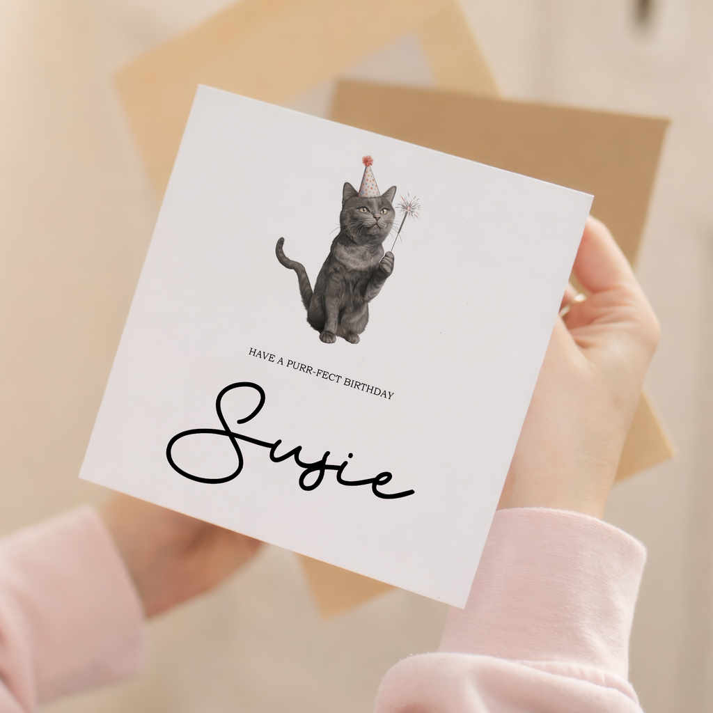 Personalised Birthday Card For Him or Her Black Cat Birthday Card Custom Name Birthday Card