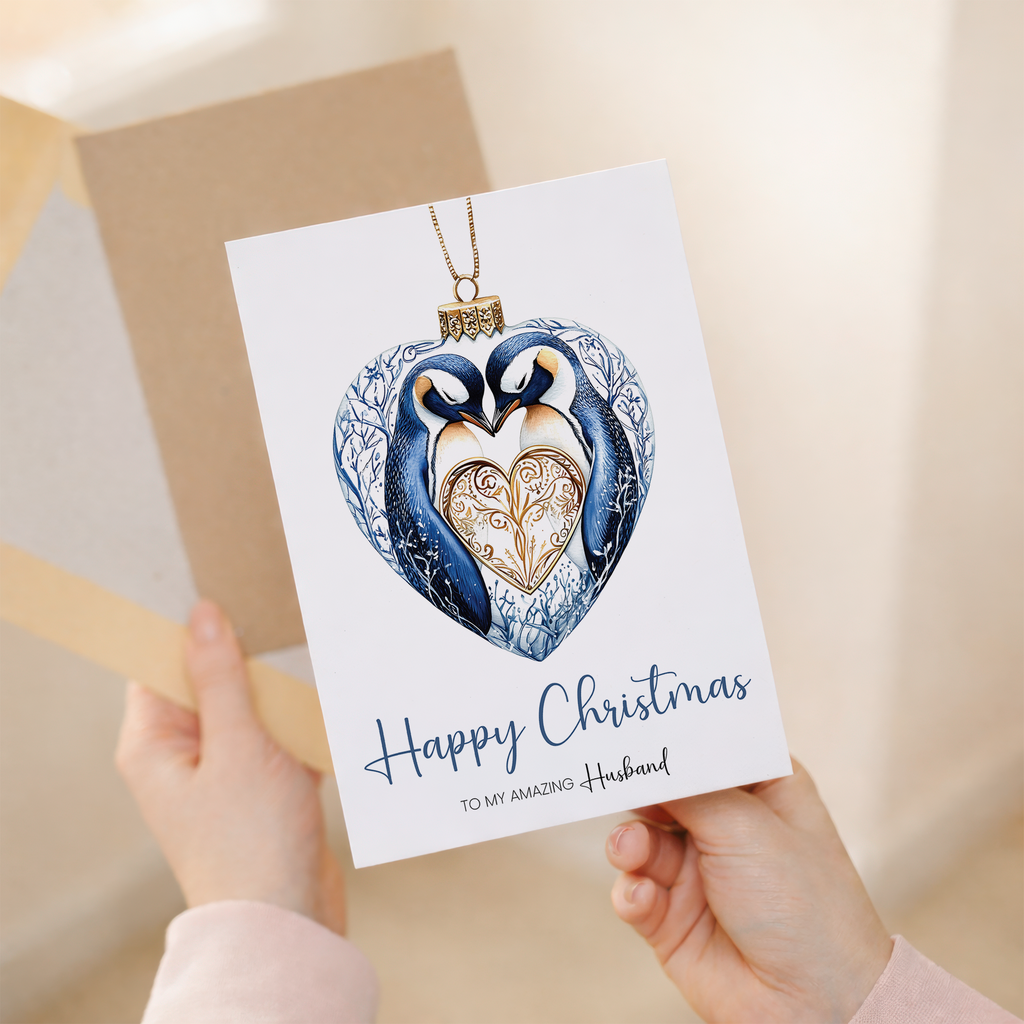 Christmas card for a husband featuring a cute penguin design inside a decorative bauble.