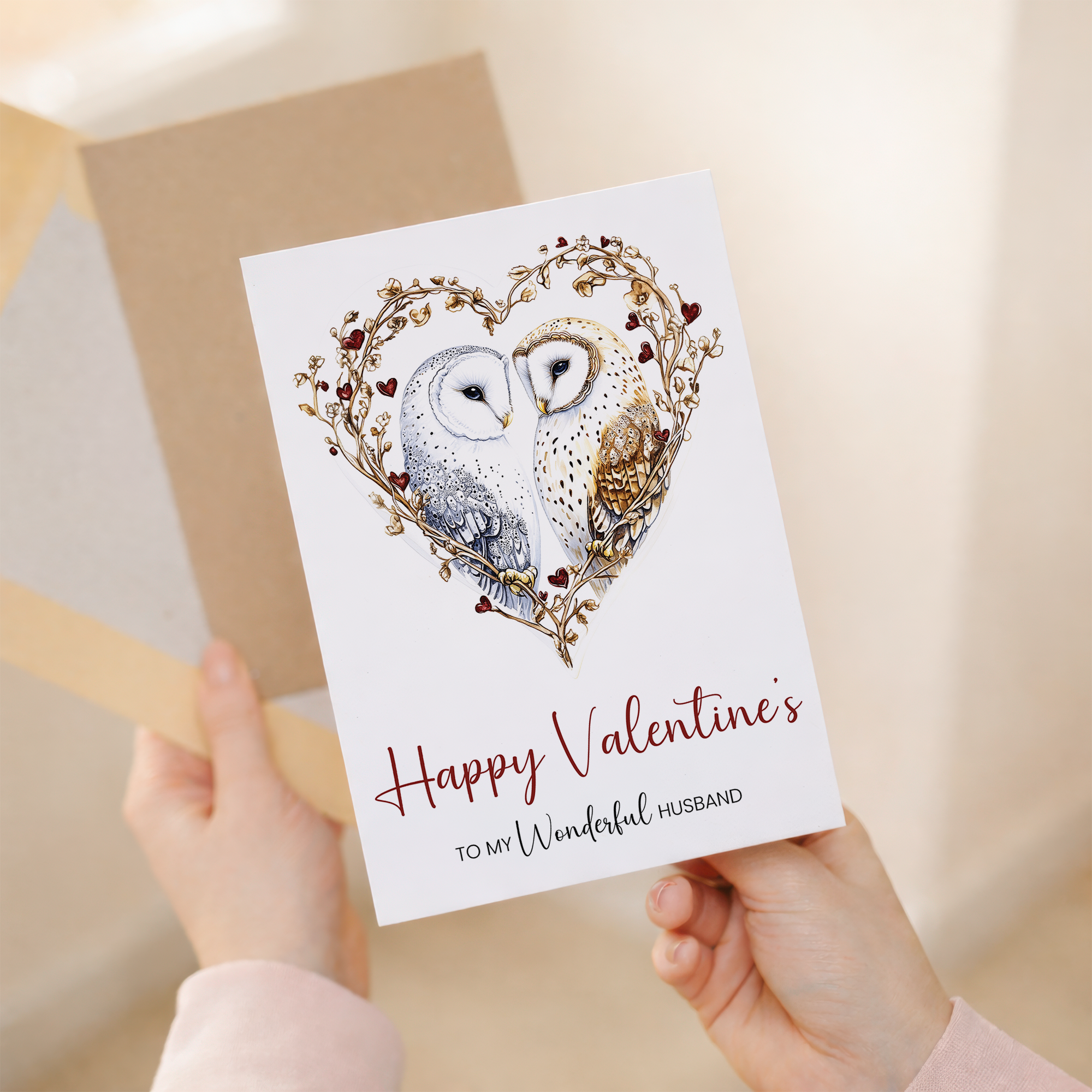 Valentine's Day Card for Husband, Unique Owl Heart Design, Special, Elegant