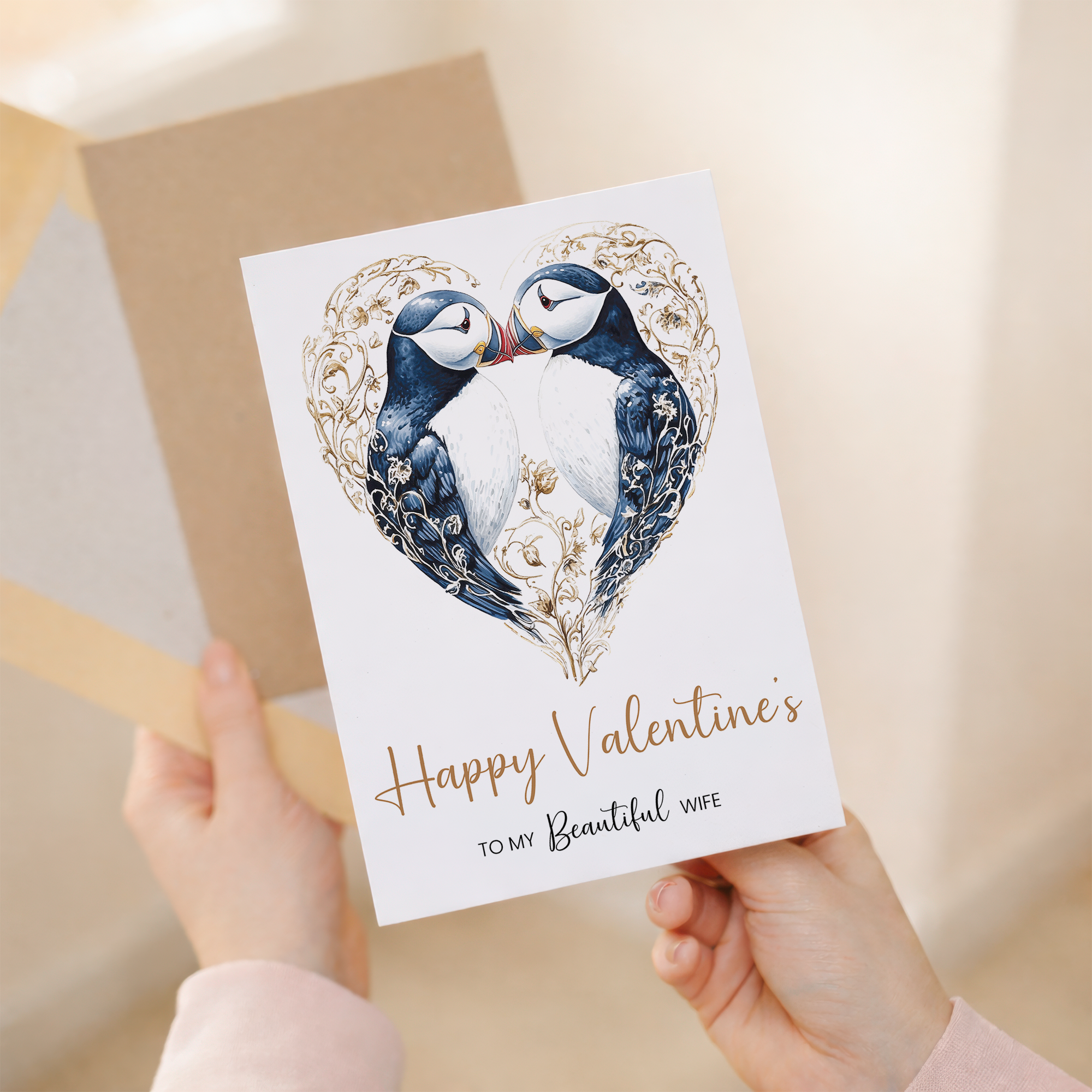 Valentine's Day Card for Wife, Unique Puffin Heart Design, Special, Elegant