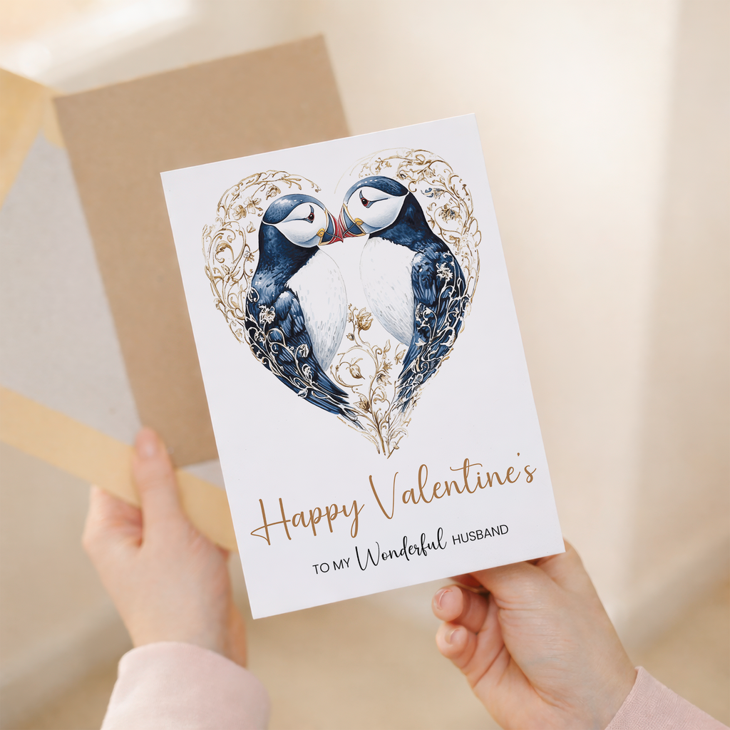 Valentine's Day card for husband featuring an elegant puffin heart design.