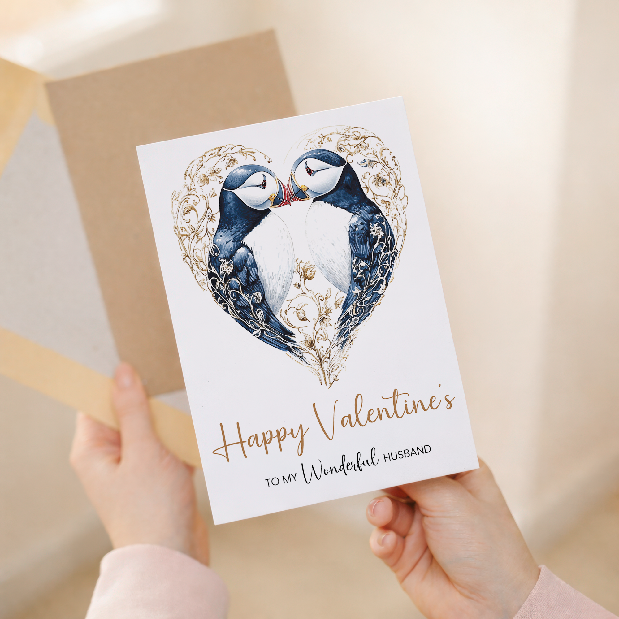 Valentine's Day card for husband featuring an elegant puffin heart design.