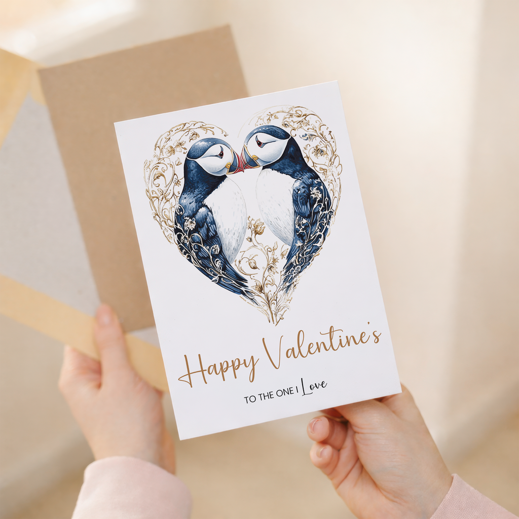 Valentine's Day greeting card featuring a romantic puffin heart design with elegant patterns, suitable for a wife, husband, or partner.