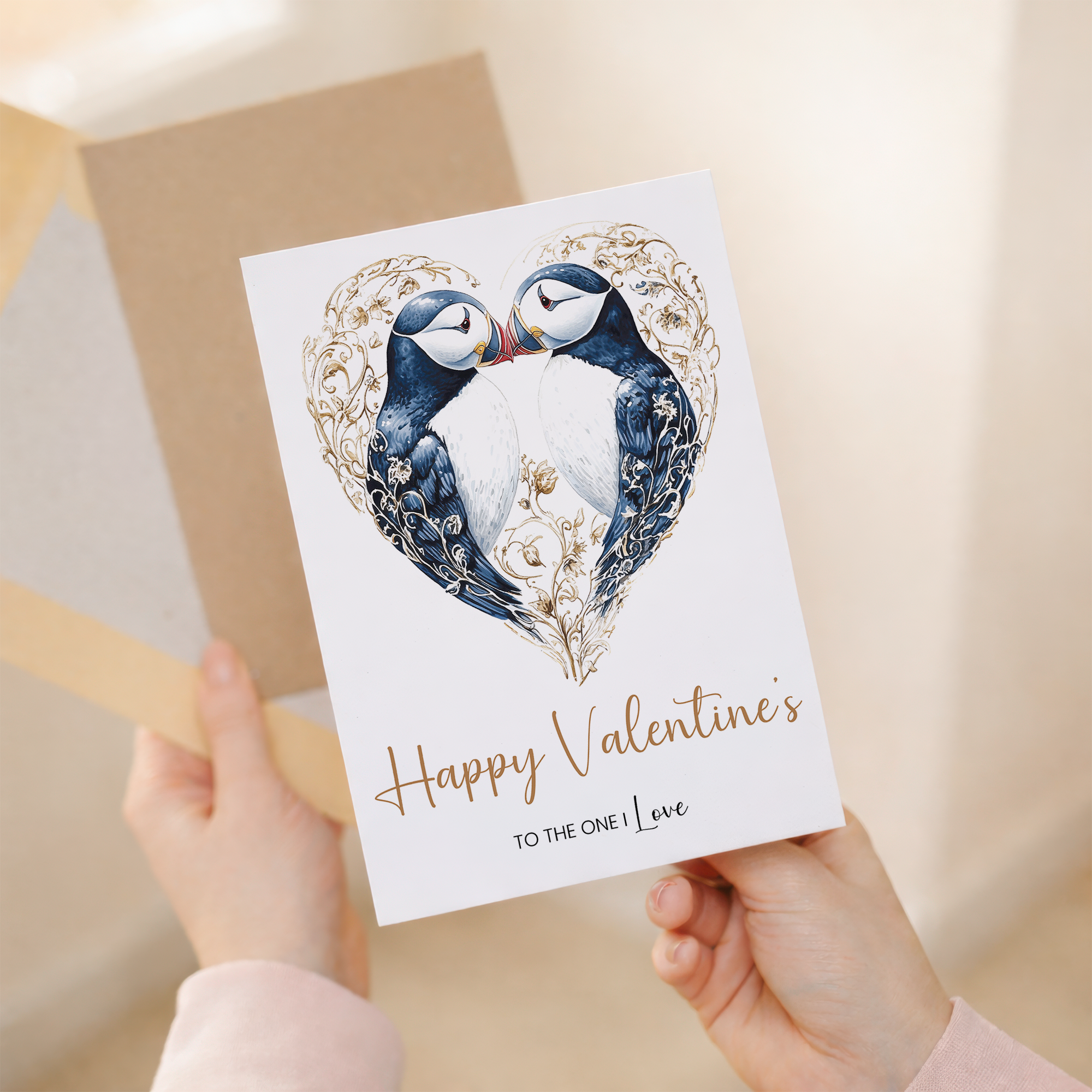 Valentine's Day greeting card featuring a romantic puffin heart design with elegant patterns, suitable for a wife, husband, or partner.
