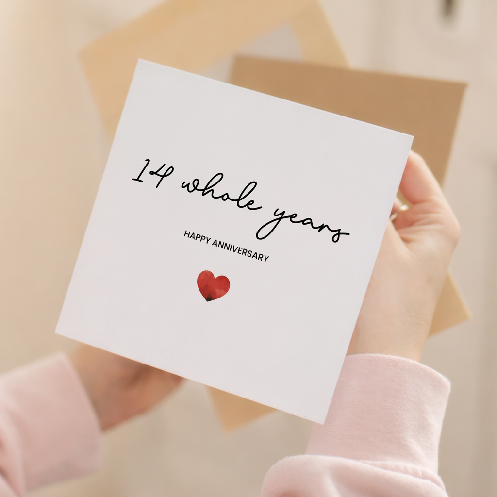 14th Anniversary Card For Wife, Husband, Girlfriend or Boyfriend, Simple Love Heart, Modern & Charming Gesture