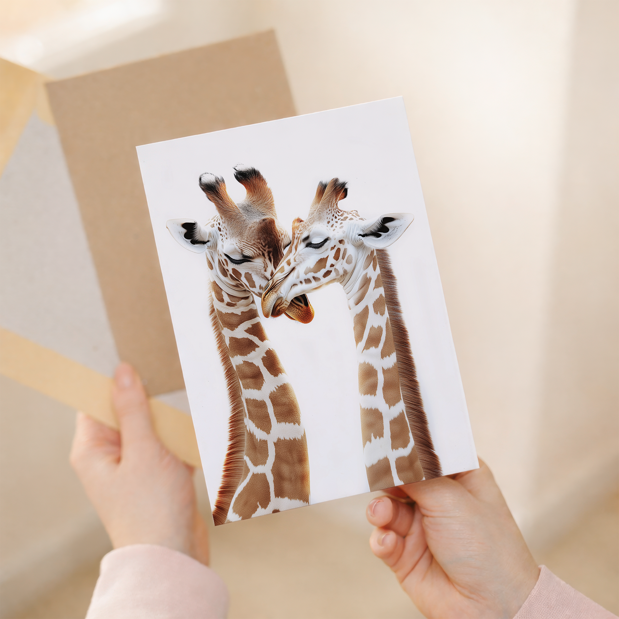 Illustration of two cute giraffes with their necks intertwined to form a heart shape, set against a soft white and beige background. The card is displayed on a rustic kraft paper envelope.