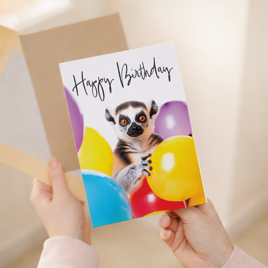 Adorable Lemur Birthday Card with Colorful Balloons, Eco-Friendly Material, For Him or Her