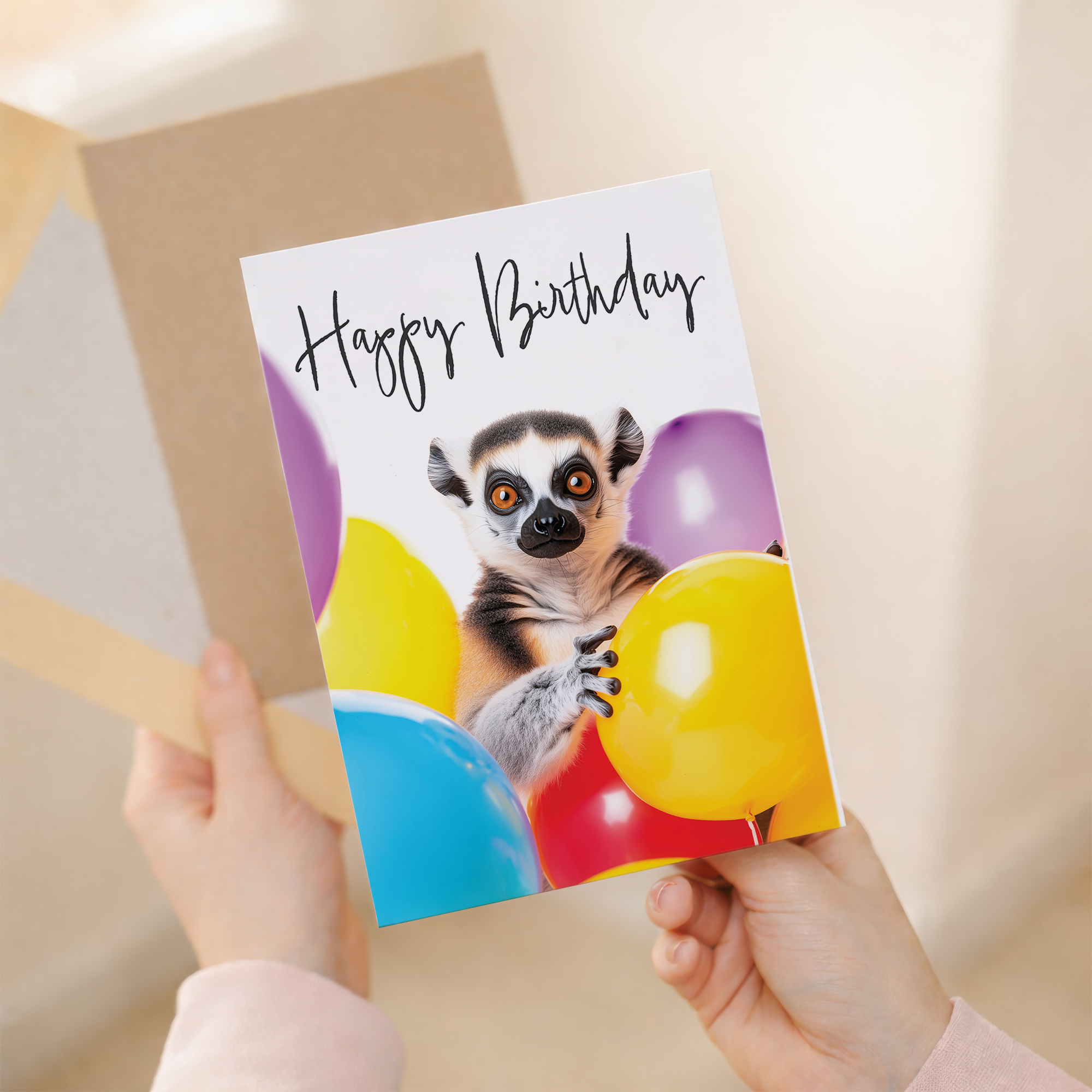 Adorable Lemur Birthday Card with Colorful Balloons, Eco-Friendly Material, For Him or Her