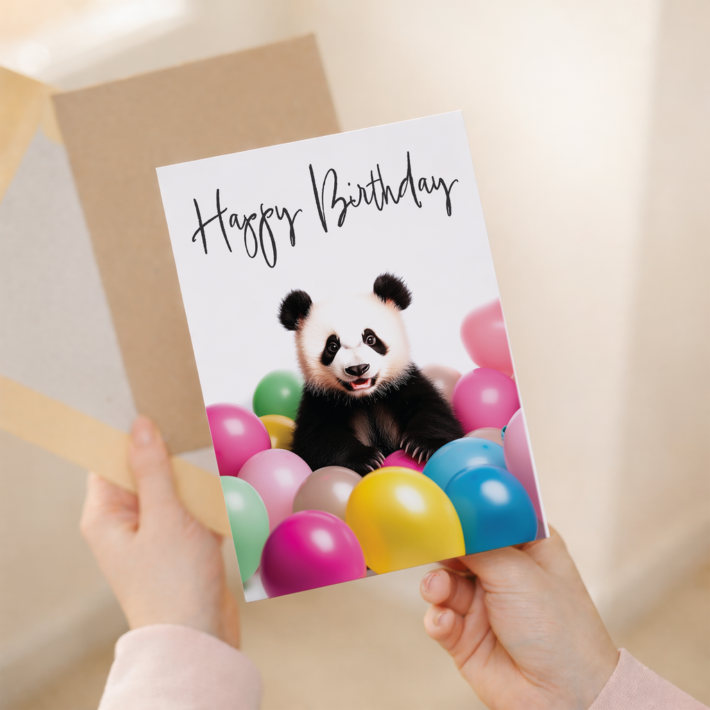 Adorable Panda Birthday Card with Colorful Balloons, Eco-Friendly Material, For Him or Her