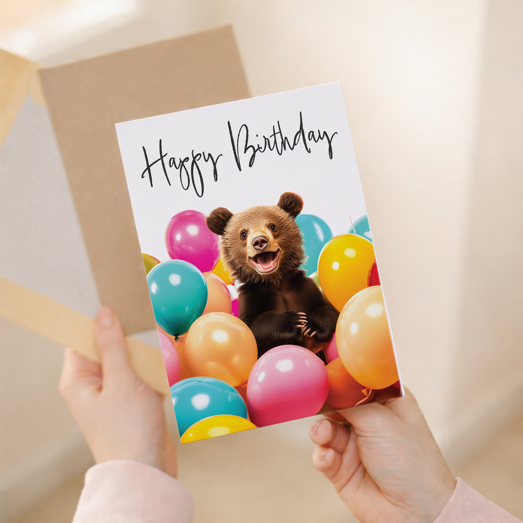 Adorable Bear Birthday Card with Colorful Balloons, Eco-Friendly Material, For Him or Her