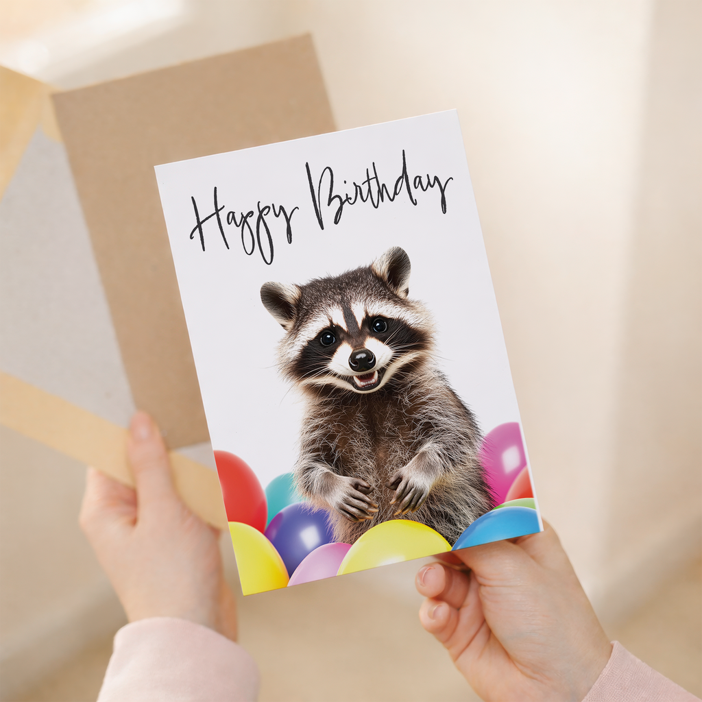 Adorable Raccoon Birthday Card with Colorful Balloons, Eco-Friendly Material, For Him or Her