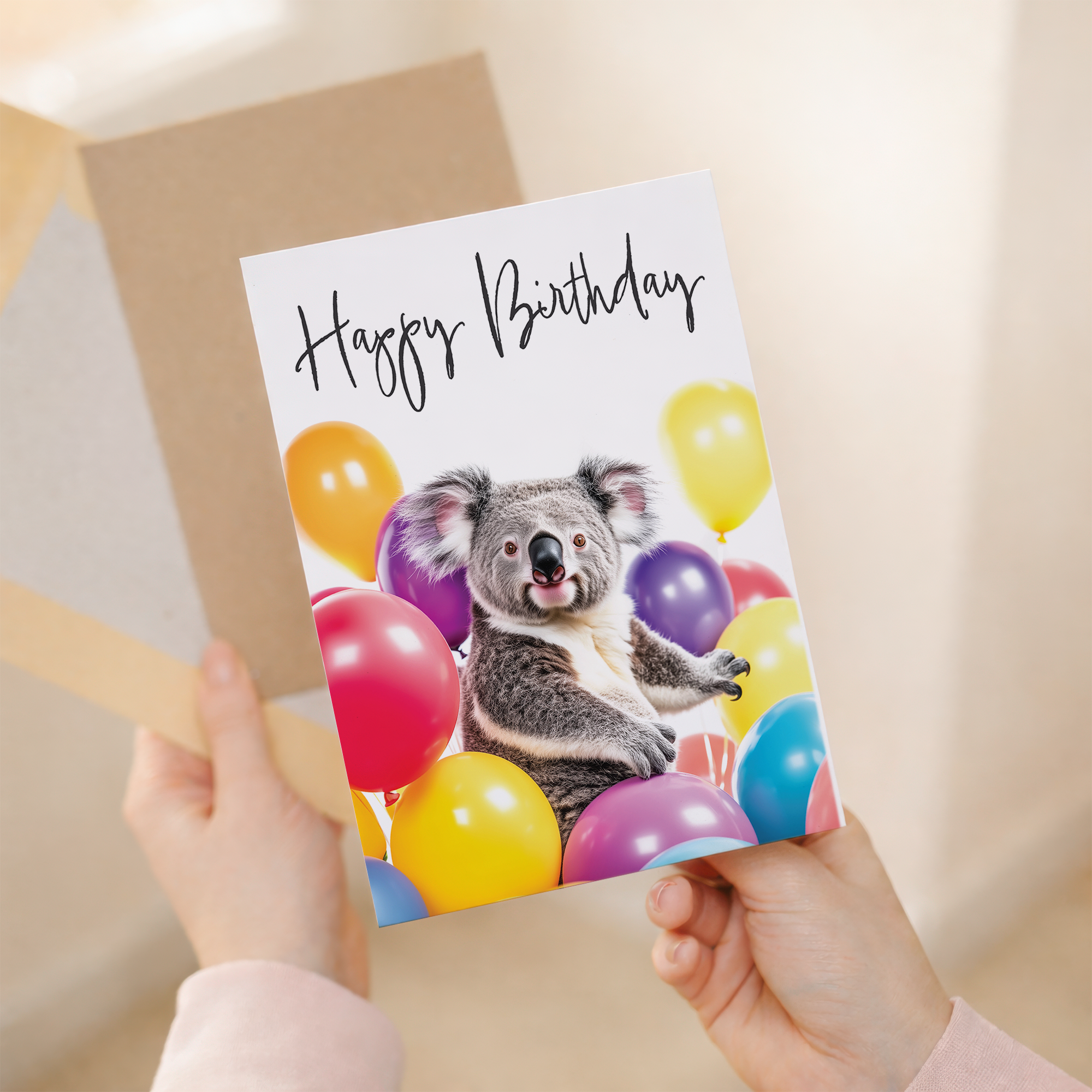 Adorable Koala Birthday Card with Colorful Balloons, Eco-Friendly Material, For Him or Her