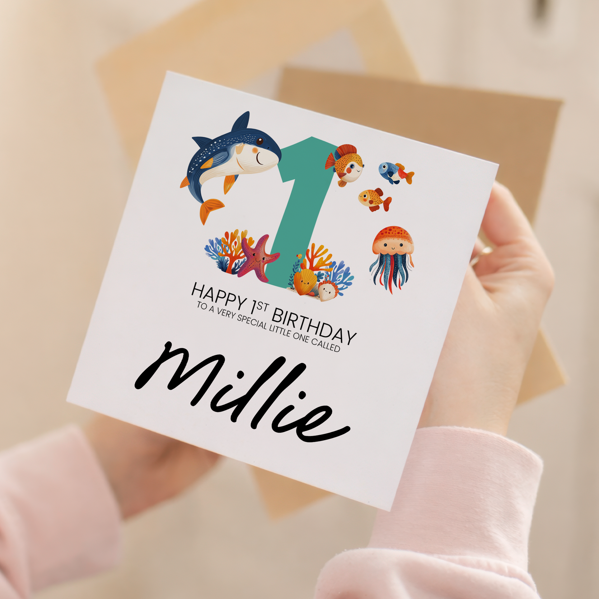 Personalised 1st Birthday Card Featuring Fun Sealife Animals For Boy or Girl First Birthday Gift