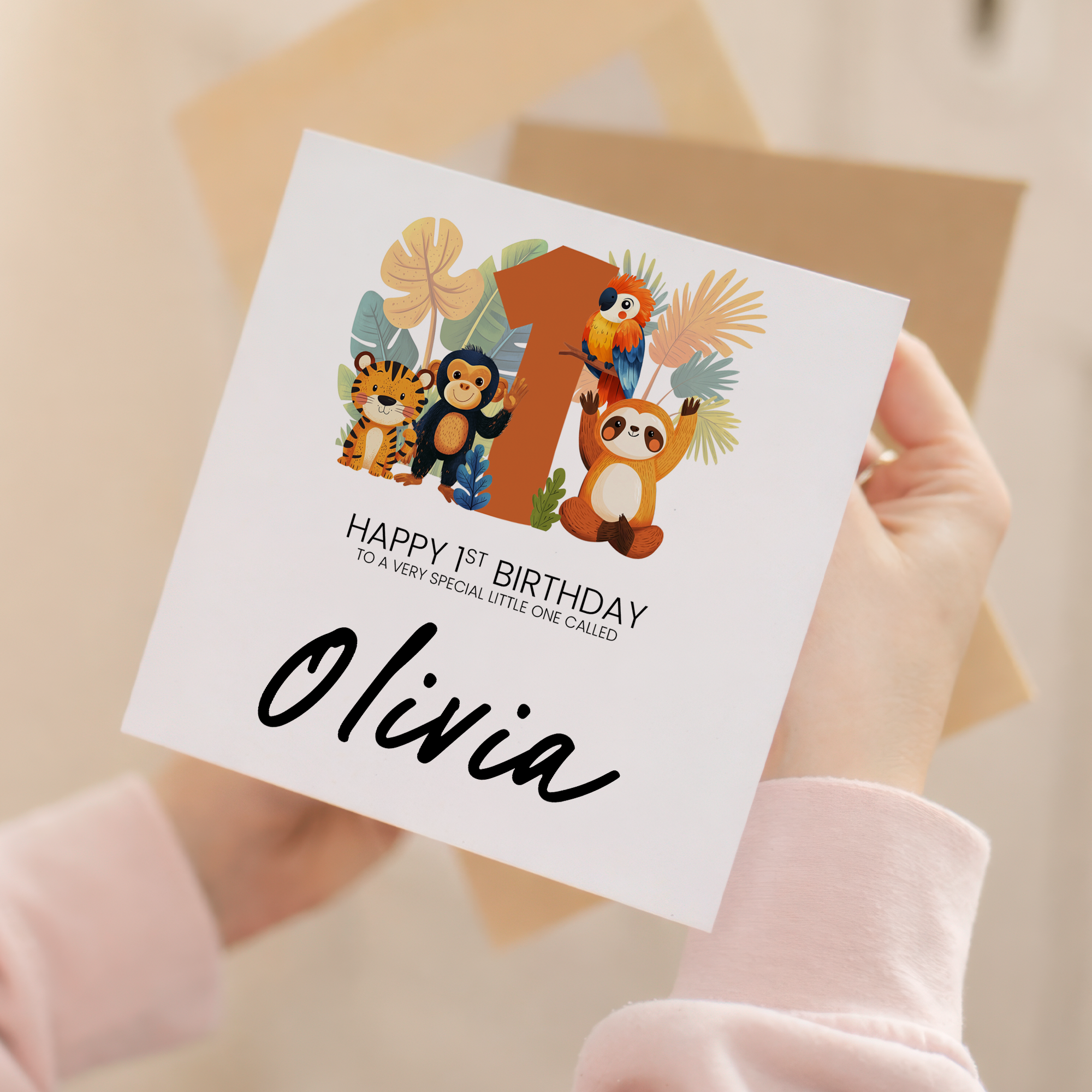 Personalised 1st Birthday Card Featuring Fun Jungle Animals For Boy or Girl First Birthday Gift