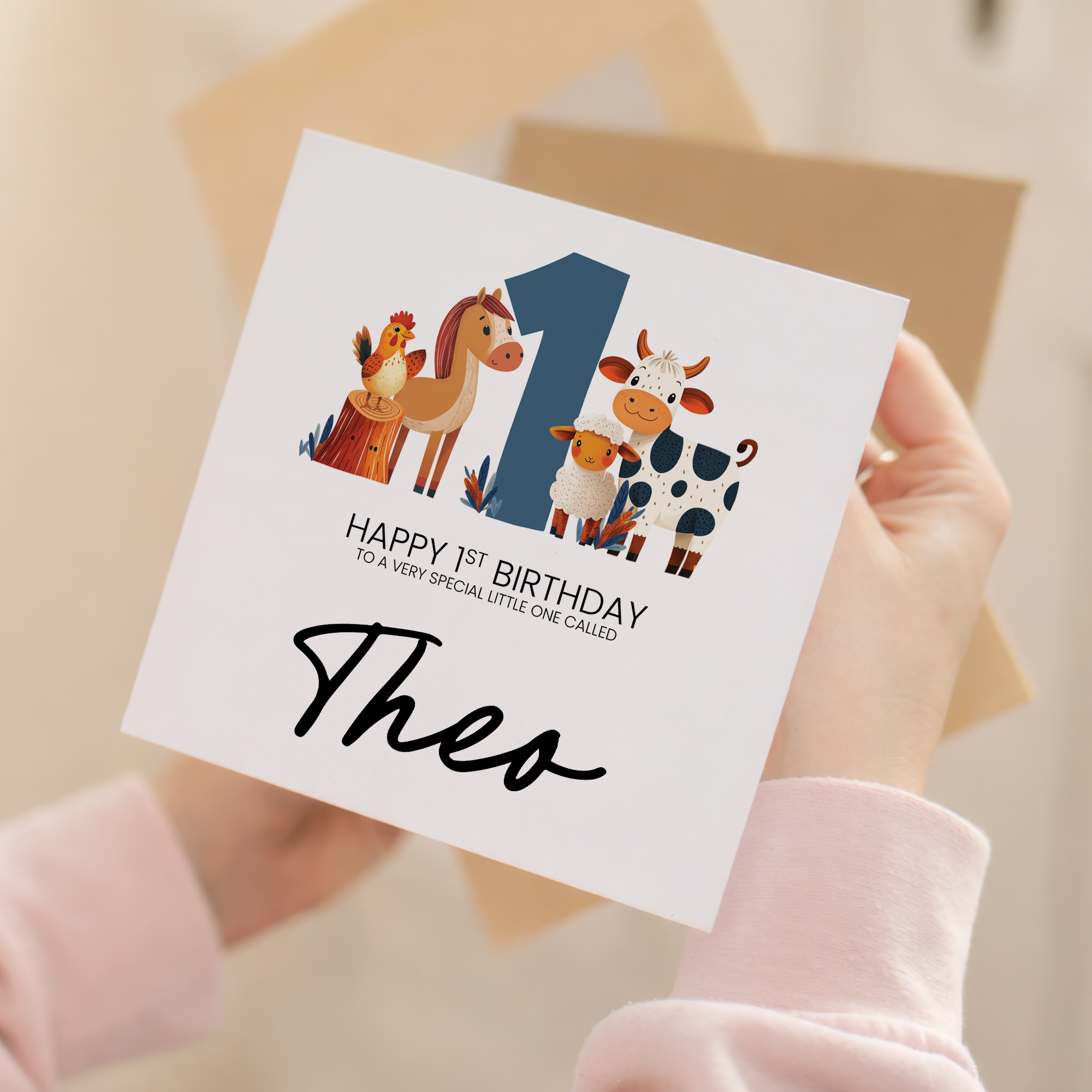 Personalised 1st Birthday Card Featuring Fun Farm Animals For Boy or Girl First Birthday Gift