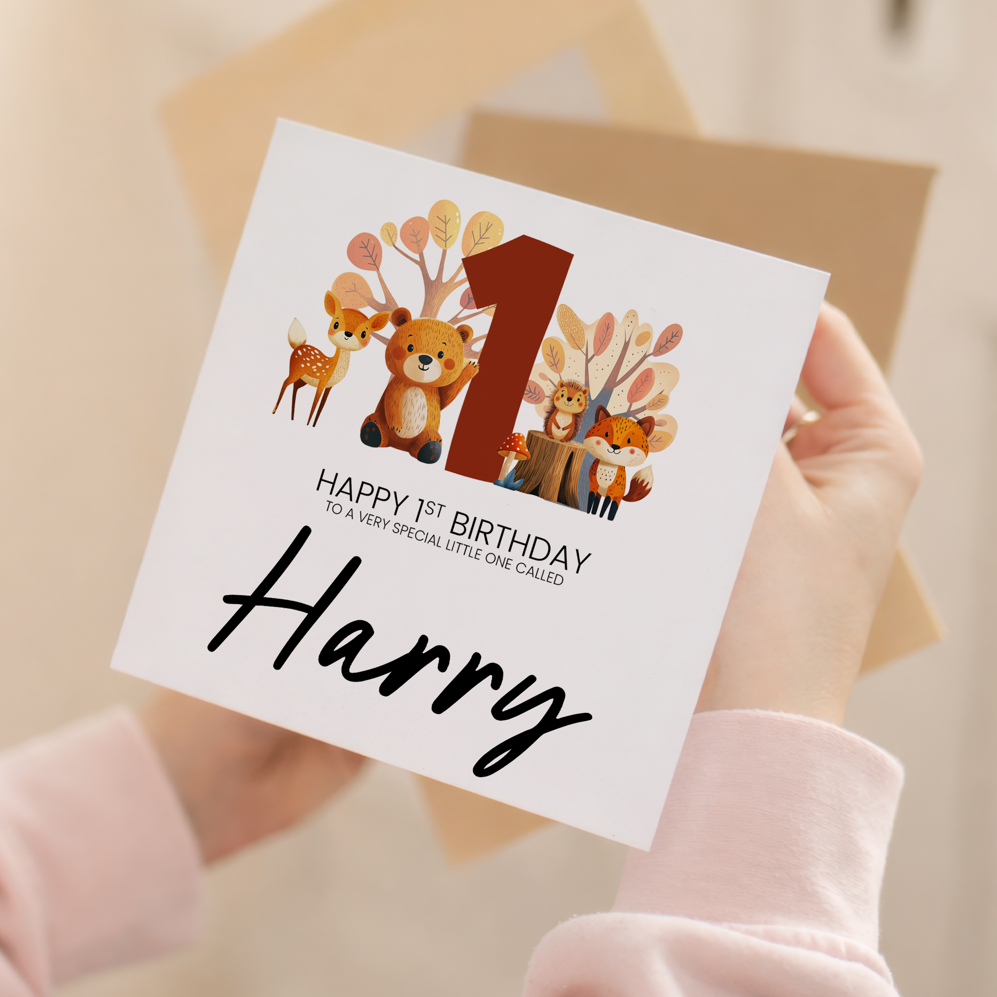 Personalised 1st Birthday Card Featuring Fun Woodland Animals For Boy or Girl First Birthday Gift