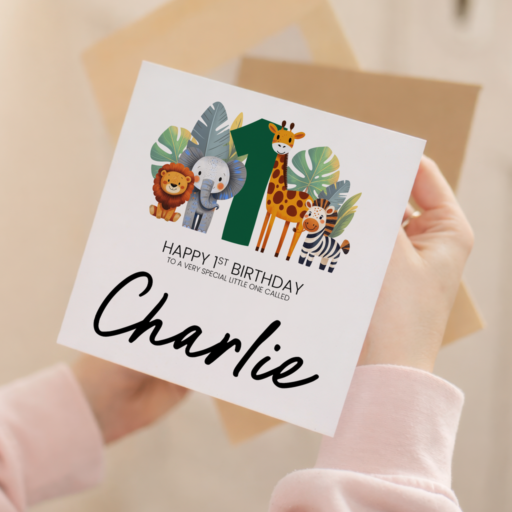 Personalised 1st Birthday Card Featuring Fun Safari Animals For Boy or Girl First Birthday Gift