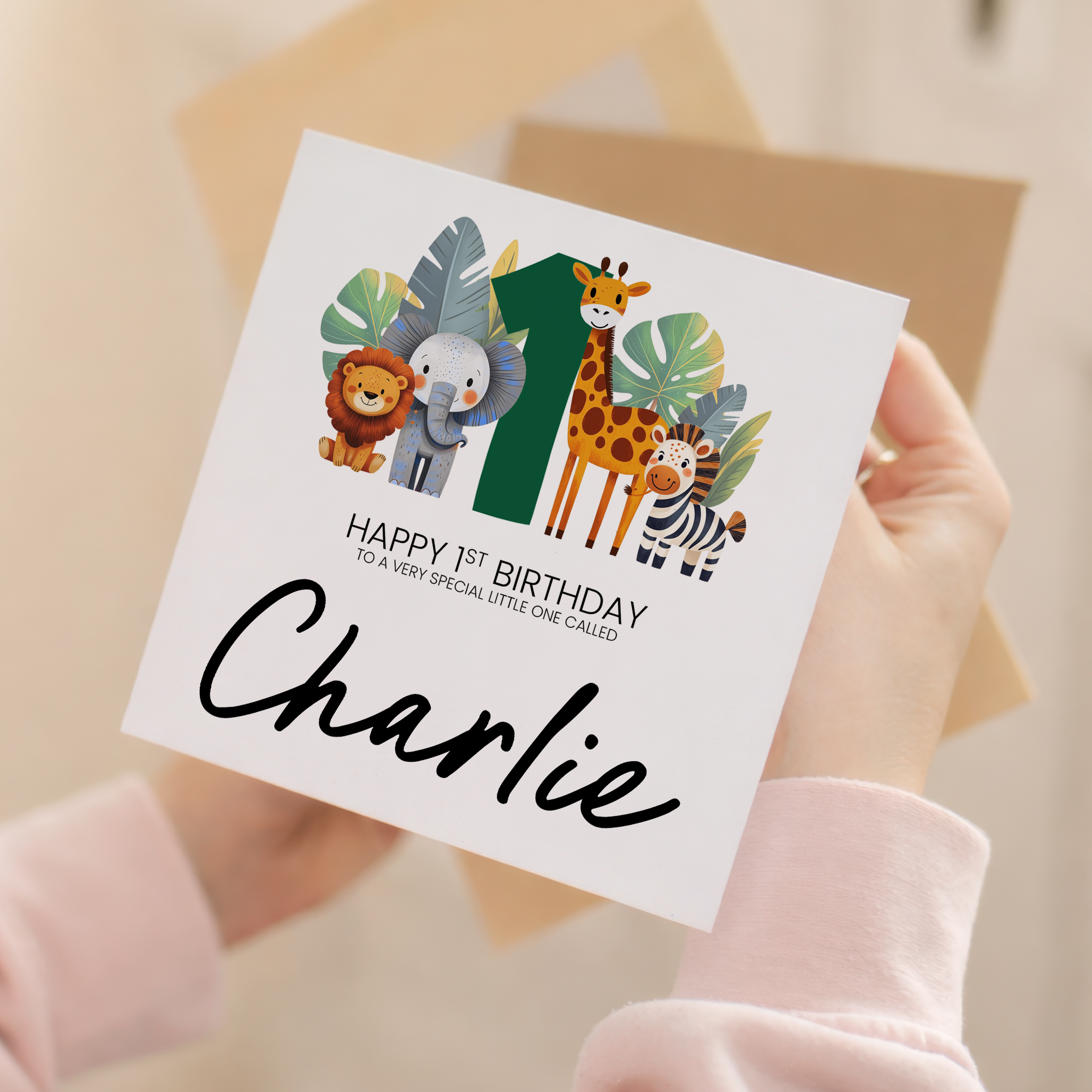 Personalised 1st Birthday Card Featuring Fun Safari Animals For Boy or Girl First Birthday Gift
