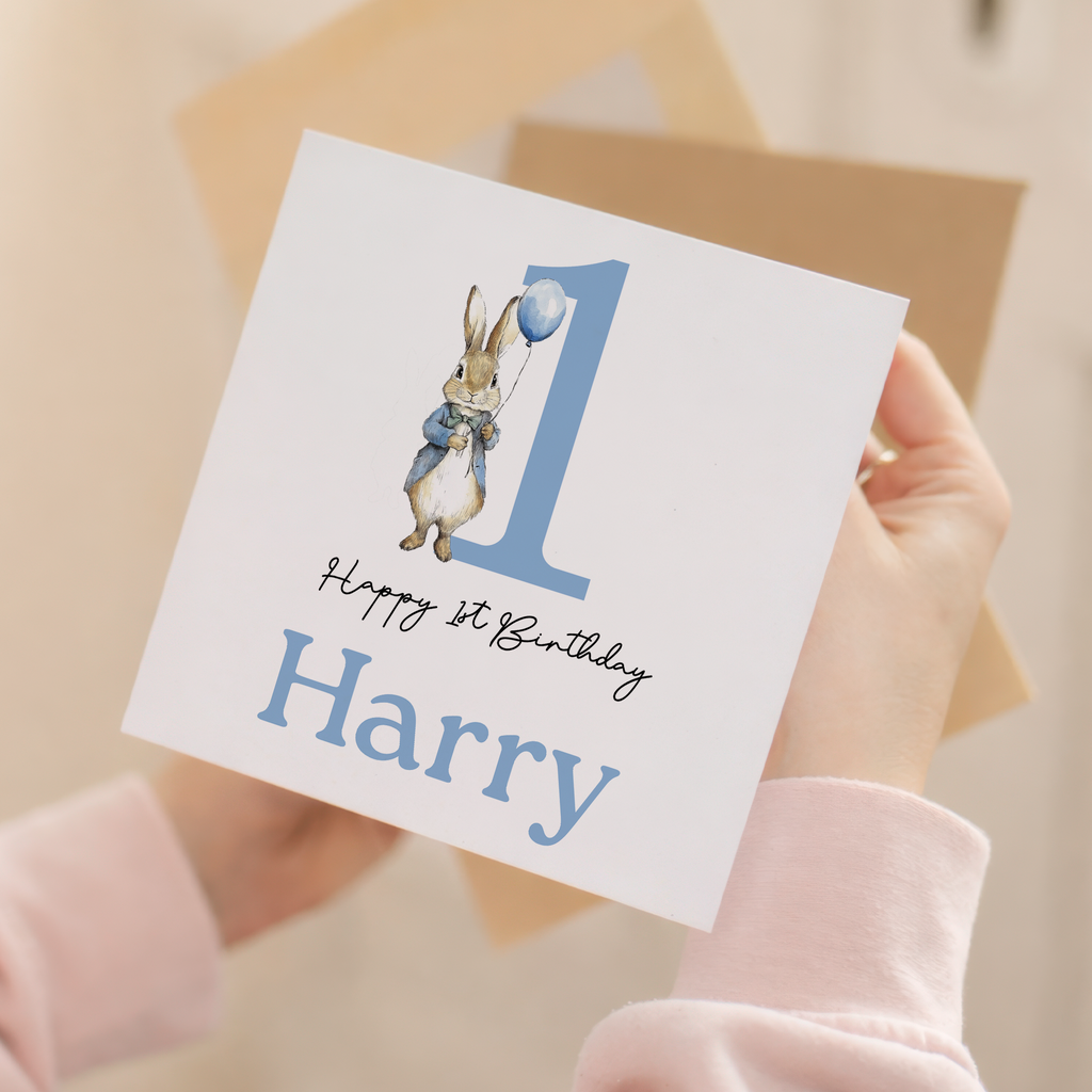 Personalised Boys 1st, 2nd or 3rd Birthday Card For Boy Featuring A Cute Bunny In Blue Custom Birthday Gift