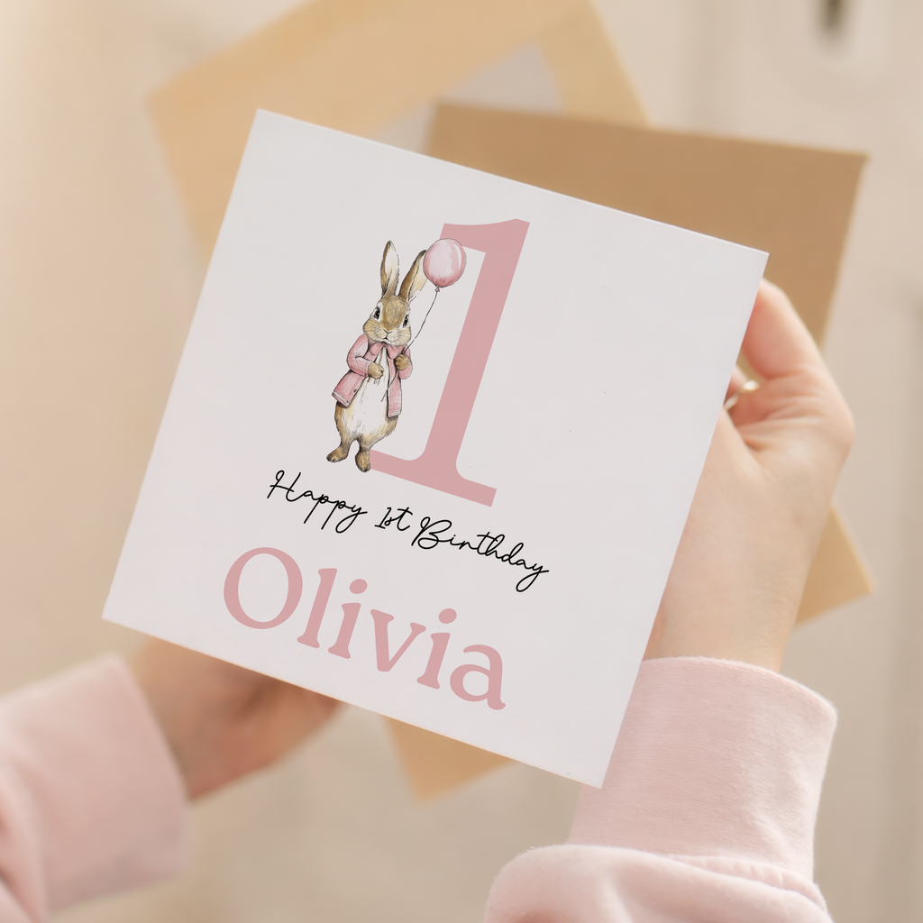 Personalised Girls 1st Birthday Card For Girl Featuring A Cute Bunny In Pink Custom First Birthday Gift