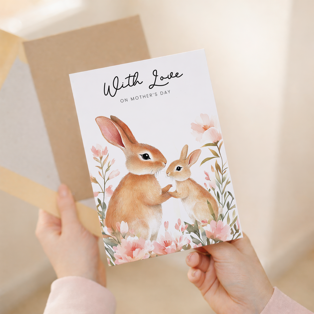An elegant Mother's Day greeting card featuring a cute rabbit illustration surrounded by floral elements, displayed on a brown and beige background.