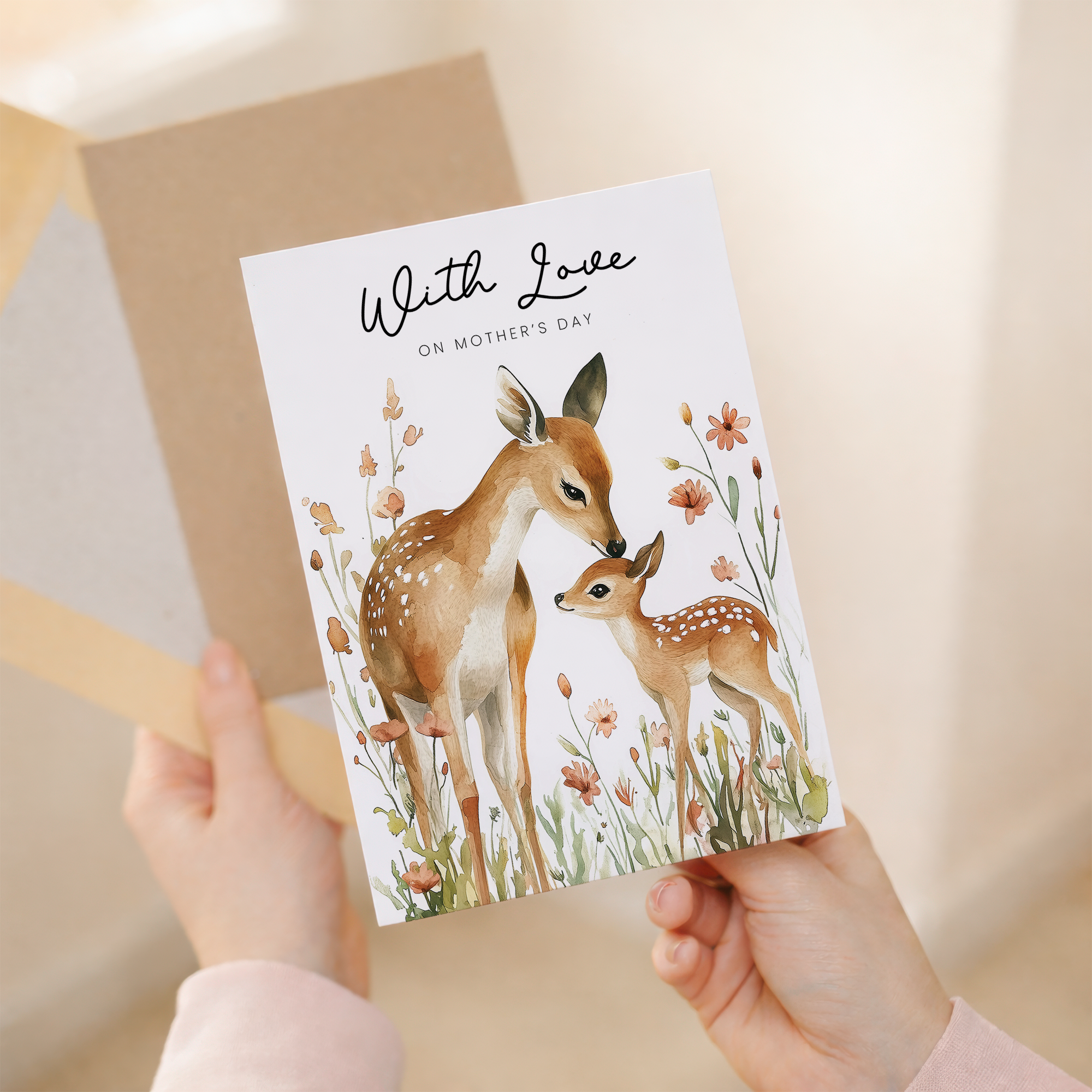 A charming Mother's Day card featuring a cute watercolor illustration of a deer surrounded by delicate floral accents on a clean white background.